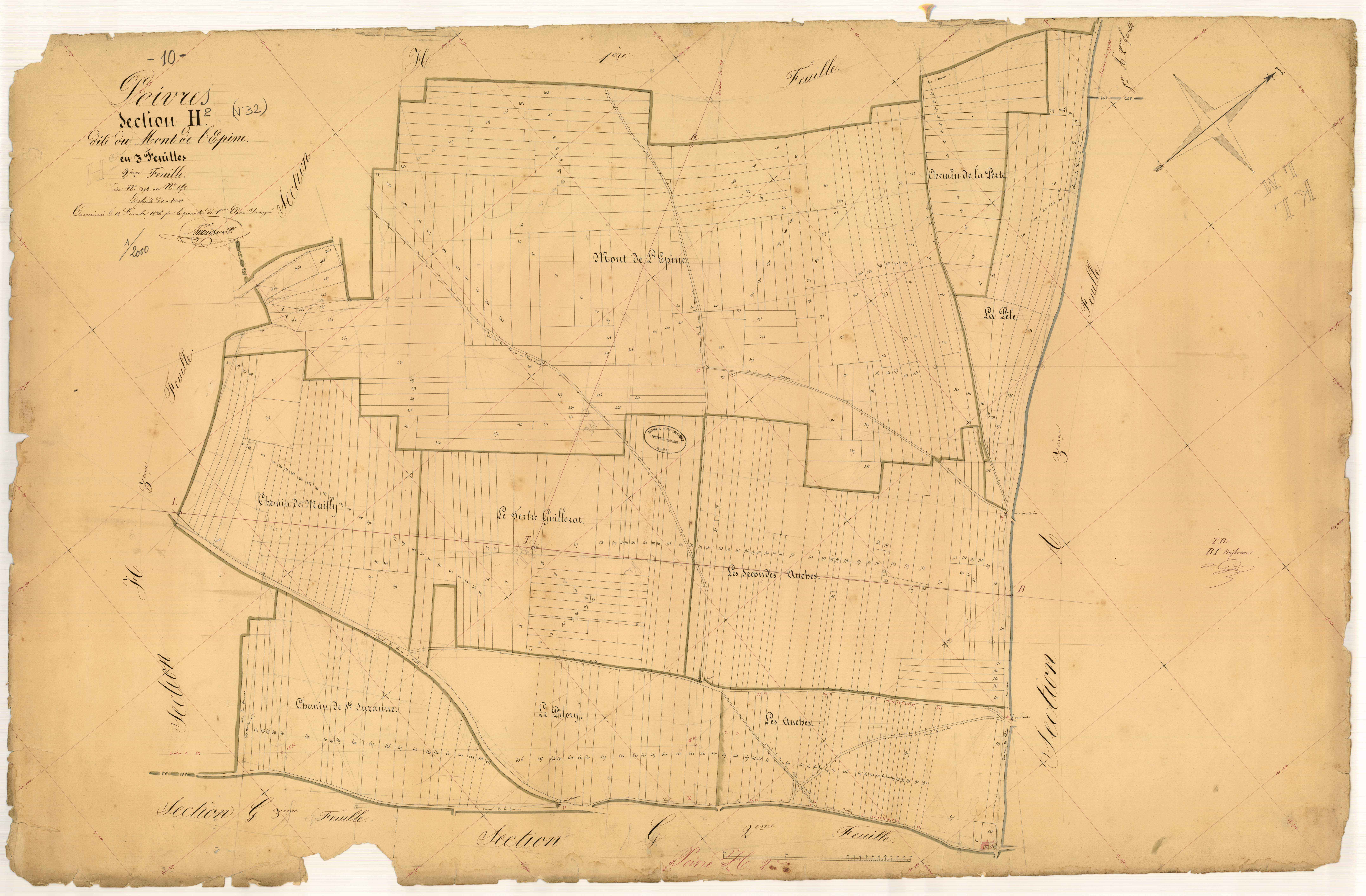 Poivres, section H dite du Mont de l'Epine, feuille n° 2, parcelles n° 304-658