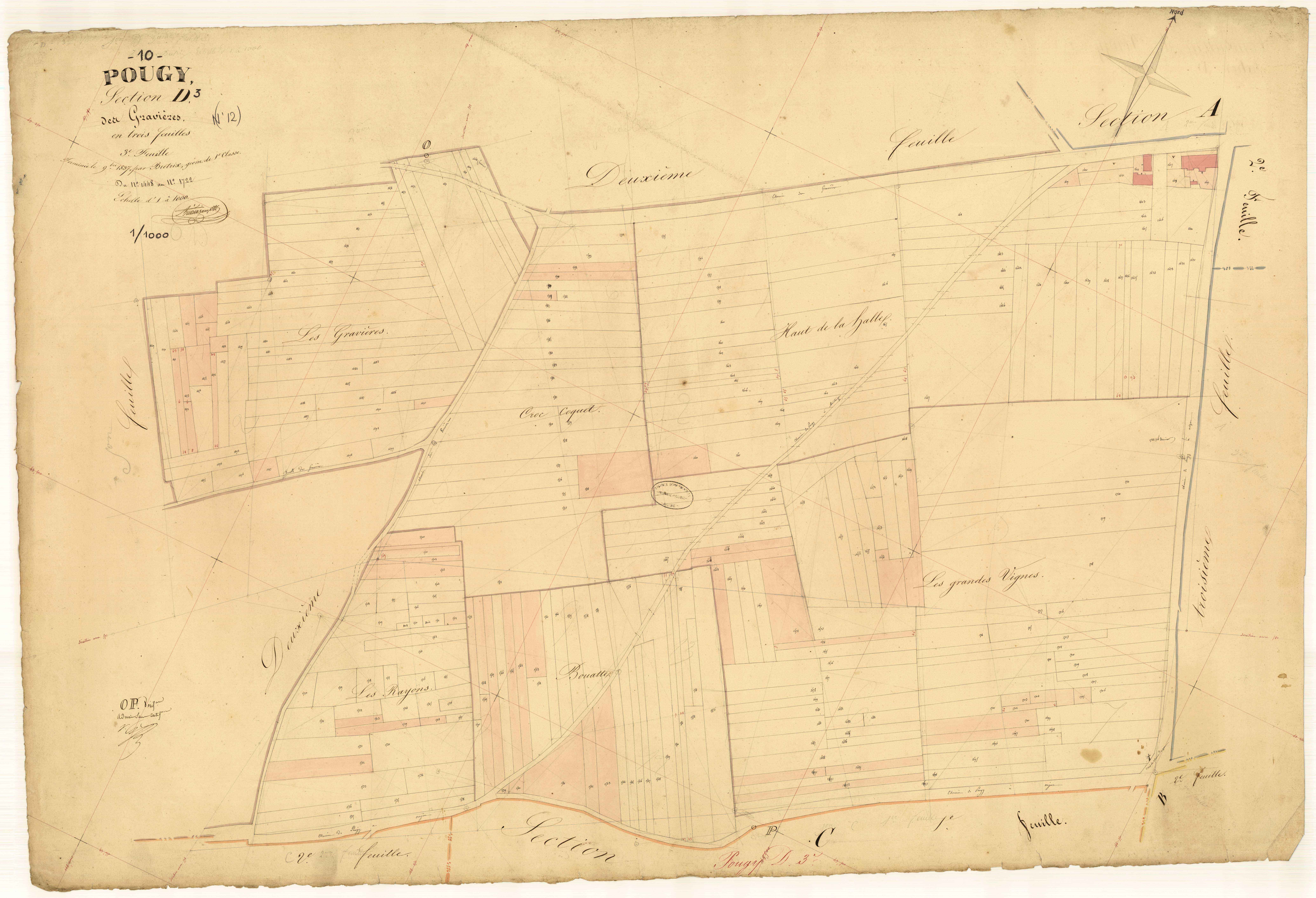 Pougy, section D dite des Gravières, feuille n° 3, parcelles n°1448-1722