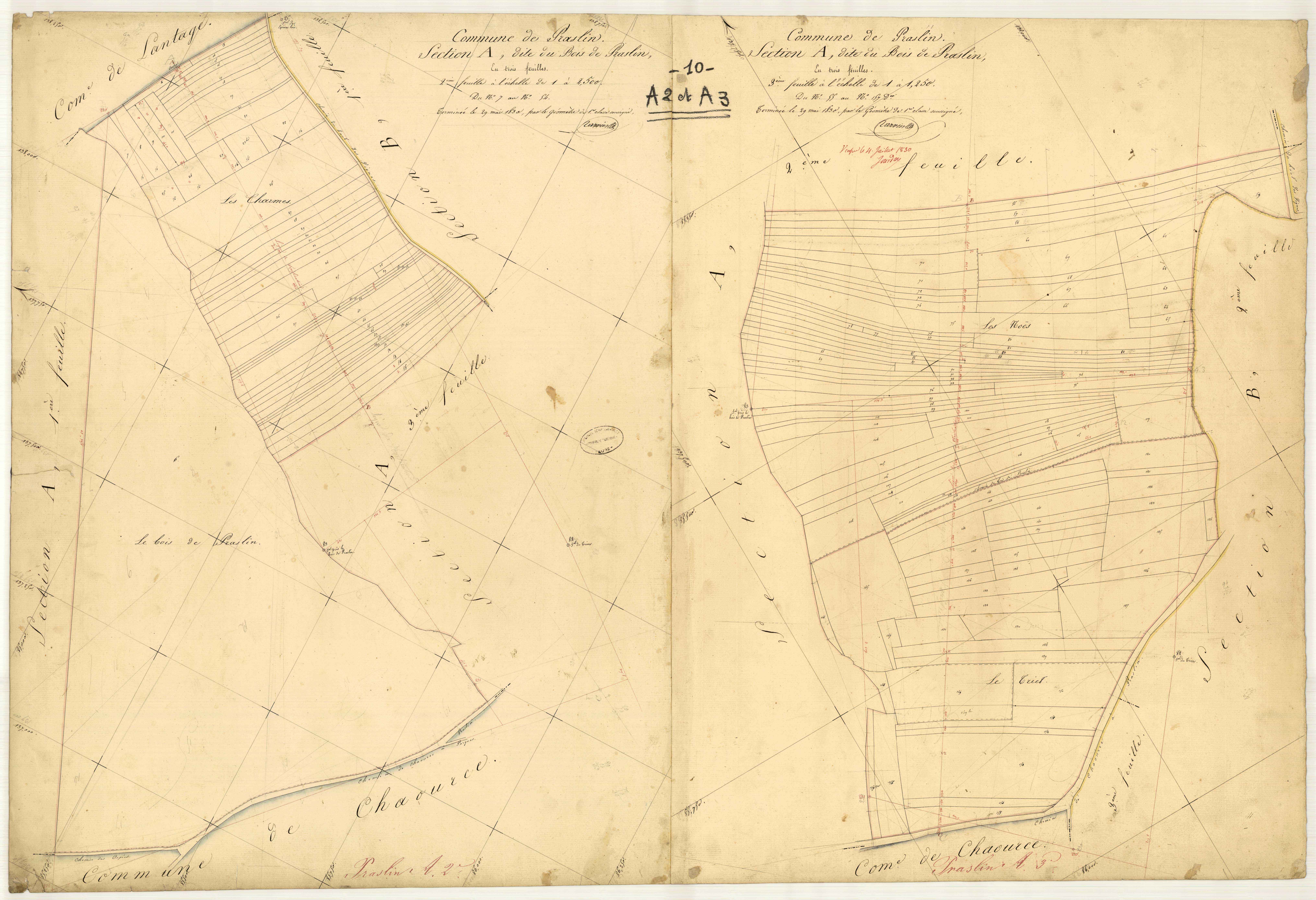 Praslin, section A dite du Bois de Praslin, feuille n° 2 (feuille 2 et 3), parcelles n° 7-157