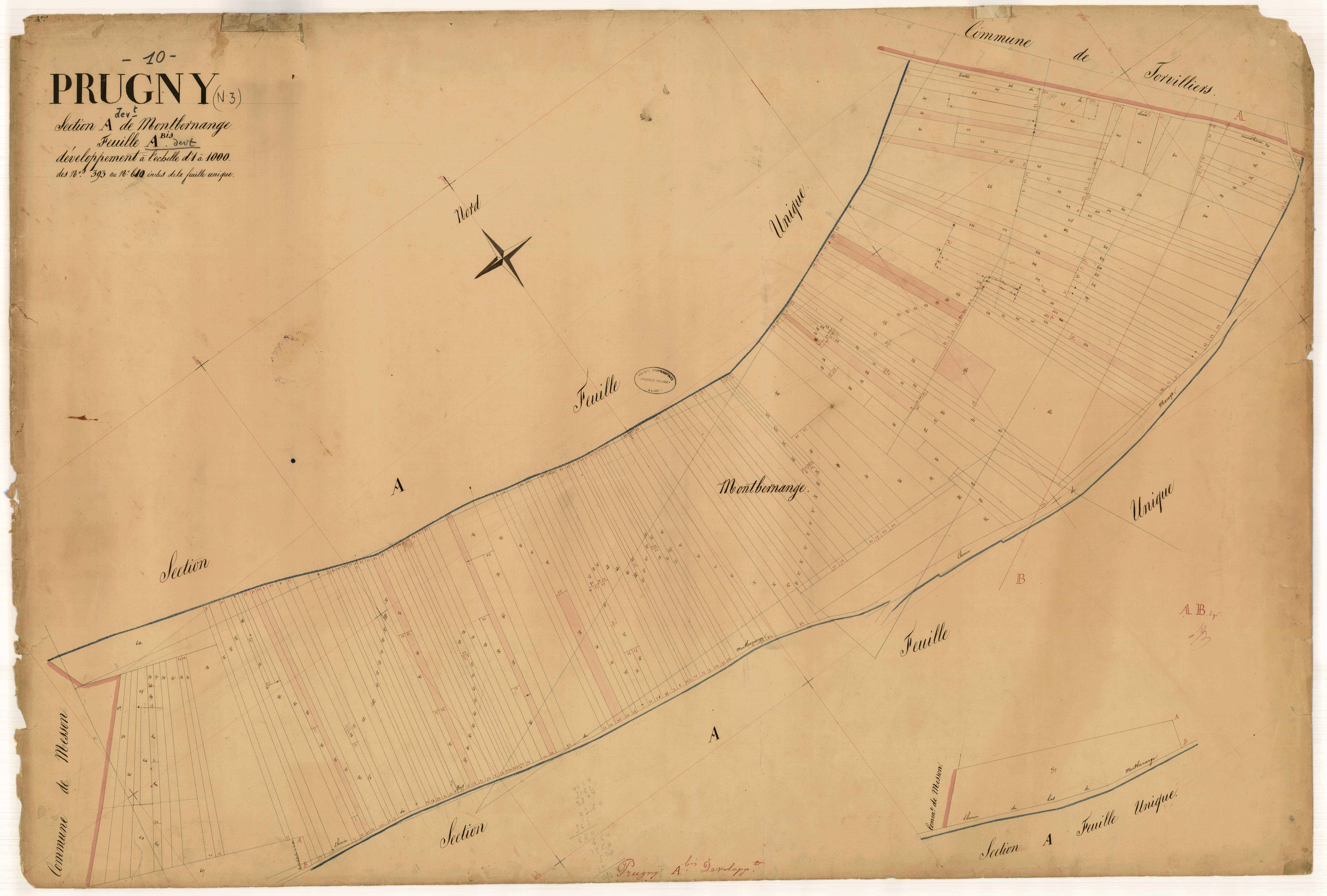Prugny, section A dite de Montbernange, feuille n° 1bis, parcelles n° 393-610