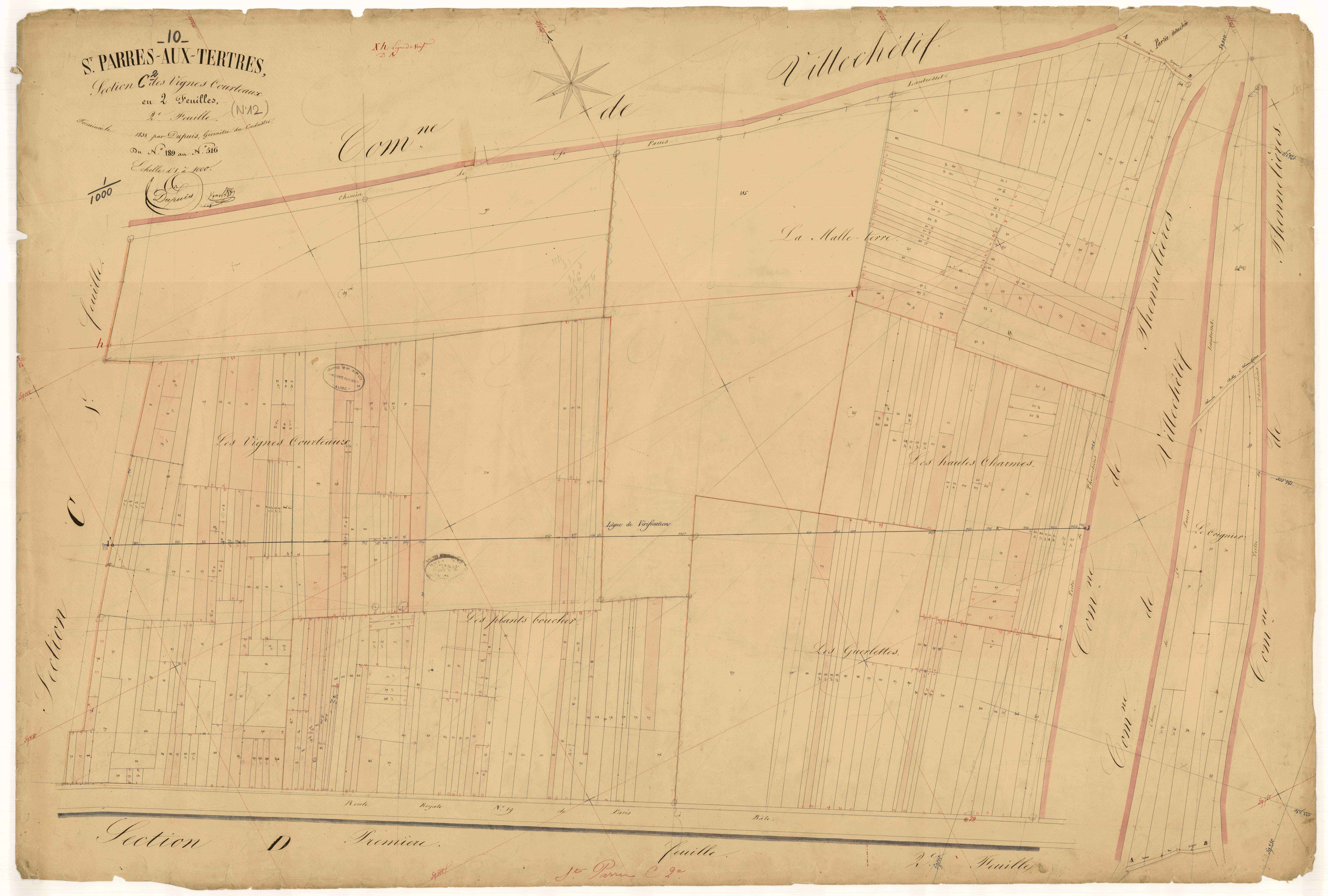 Saint-Parres-aux-Tertres, section C dite des Vignes Courteaux, feuille n° 2, parcelles n° 189-516