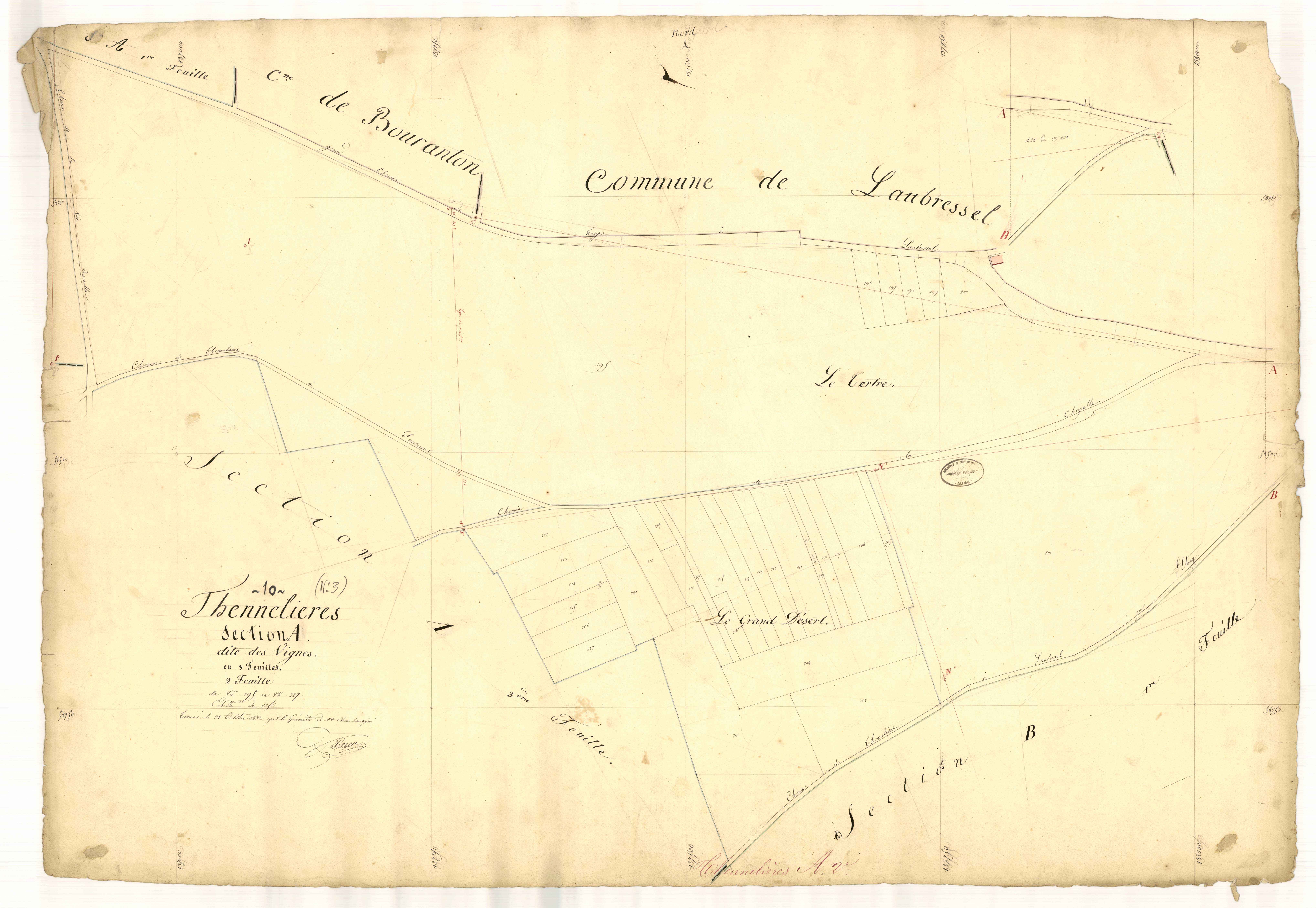 Thennelières, section A dite des Vignes, feuille n° 2, parcelles n° 195-227