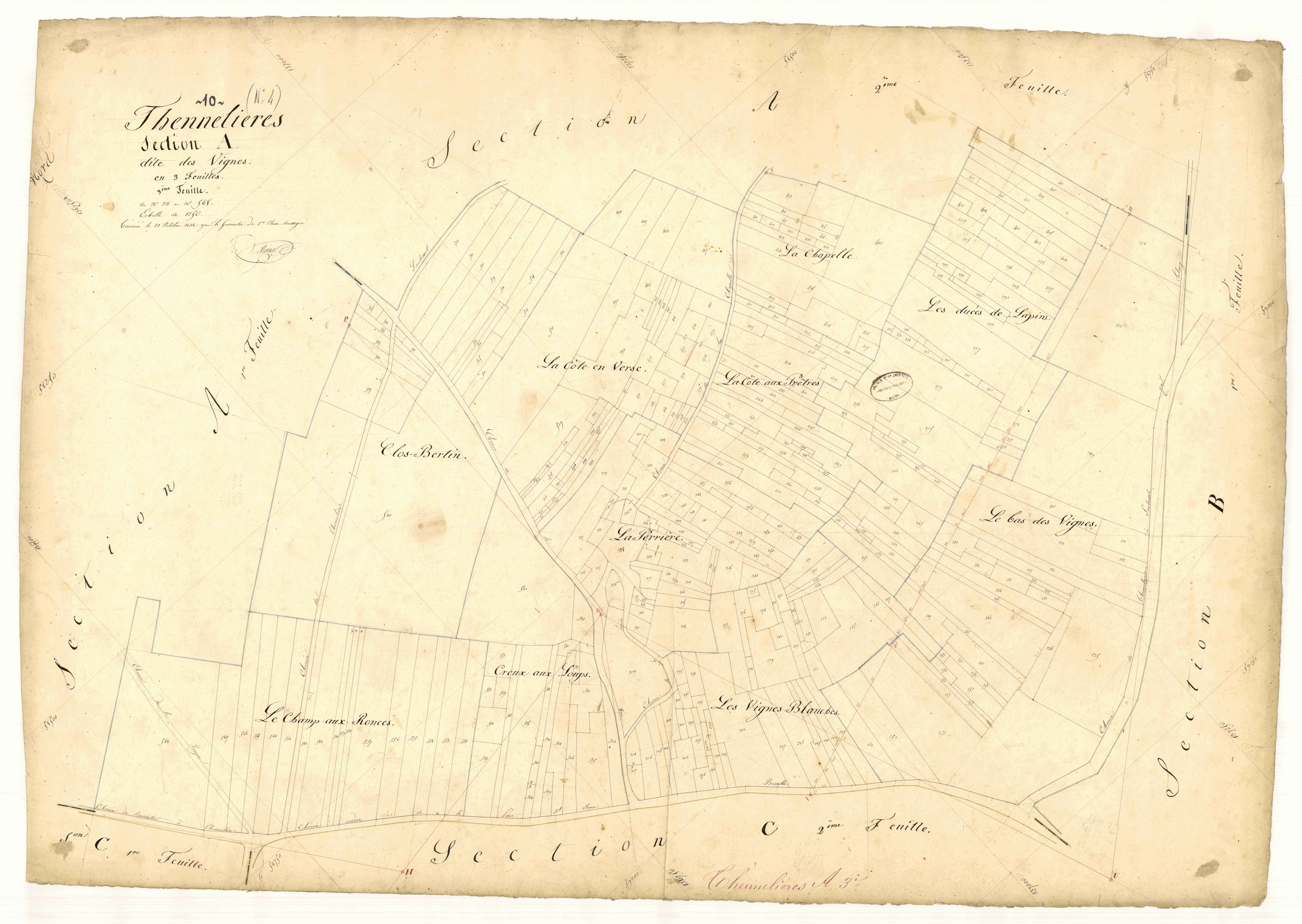 Thennelières, section A dite des Vignes, feuille n° 3, parcelles n° 228-568