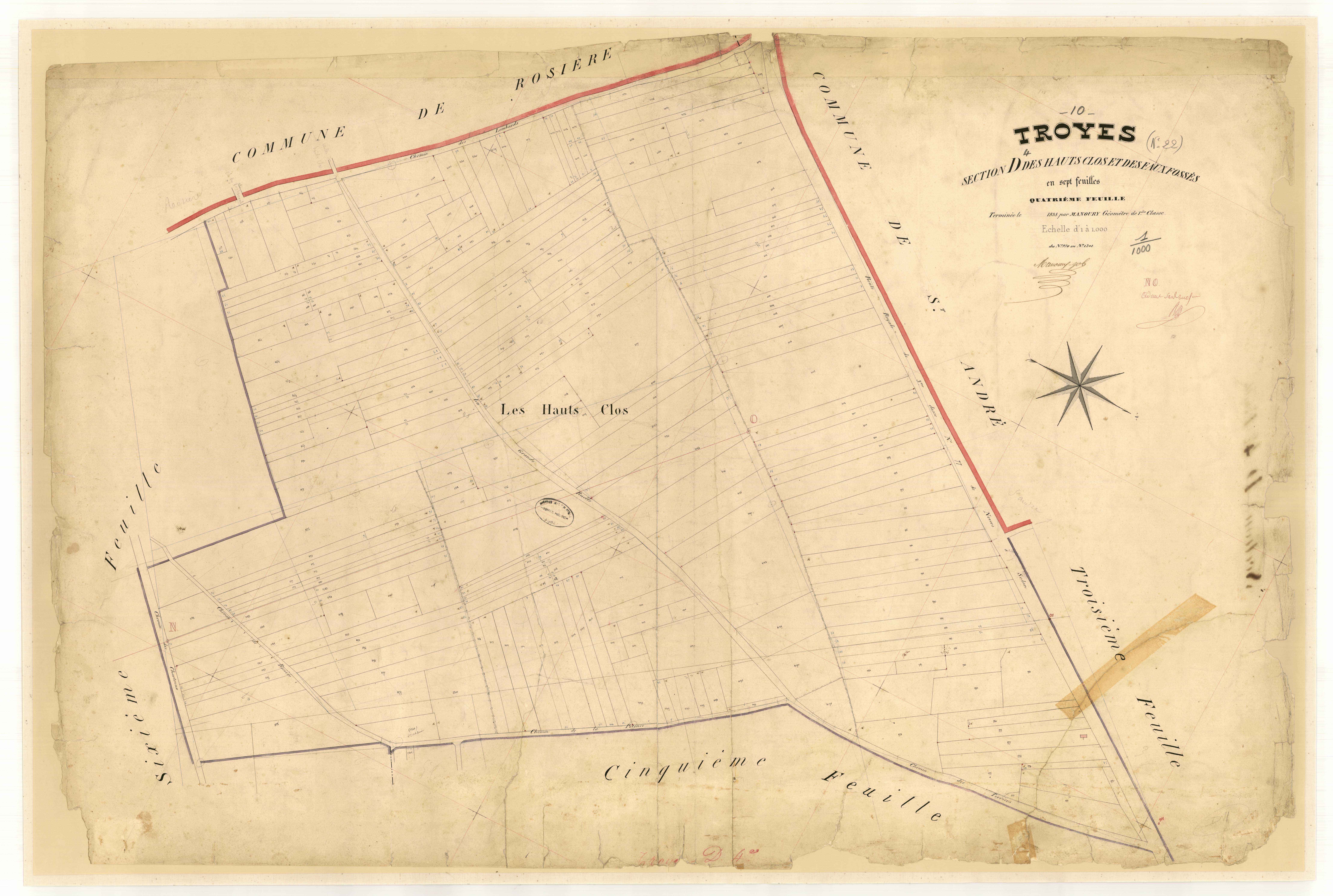 Troyes, section D dite des Hauts Clos et des Faux Fossés, feuille n° 4, parcelles n° 970-1201
