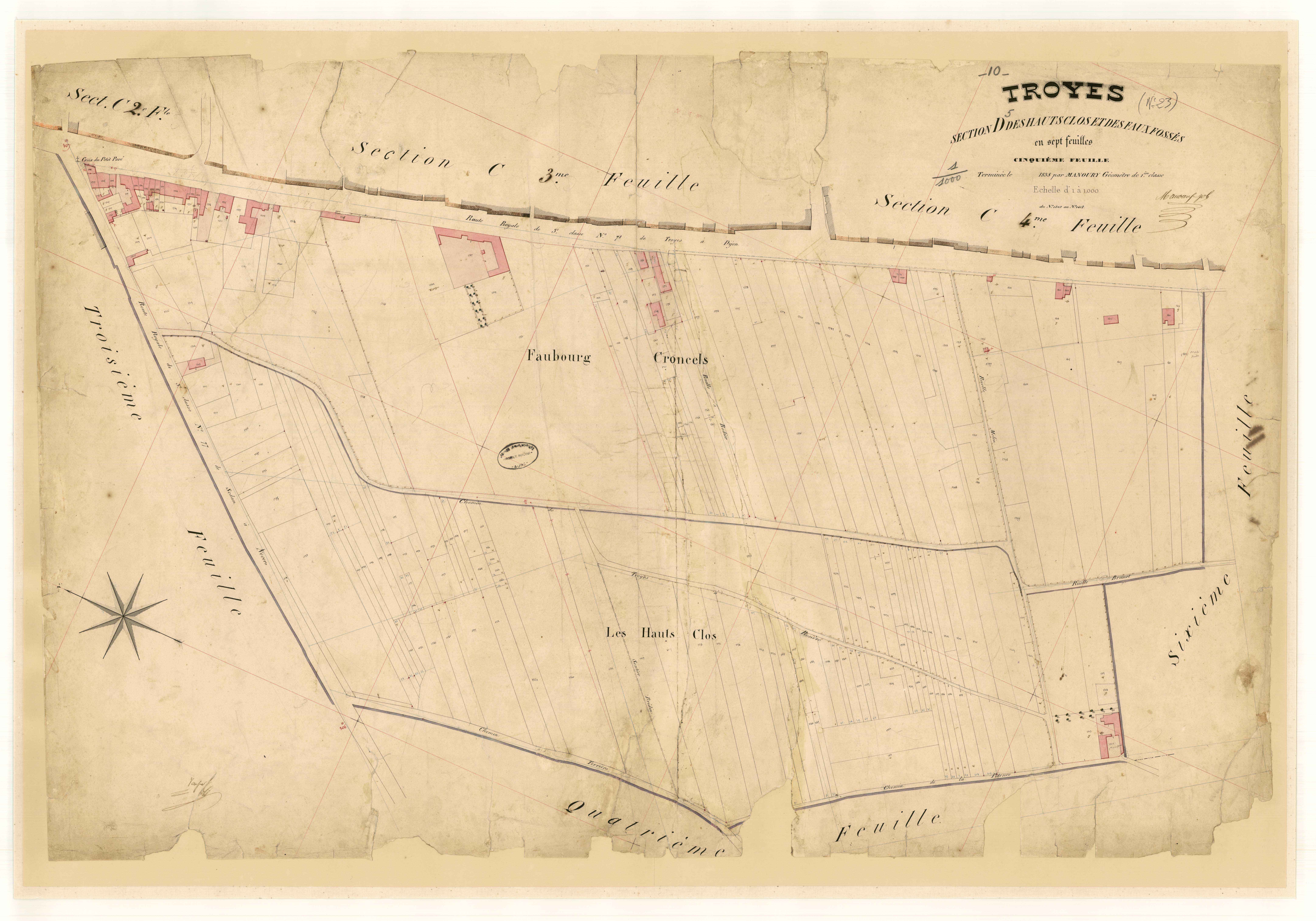 Troyes, section D dite des Hauts Clos et des Faux Fossés, feuille n° 5, parcelles n° 1202-1412