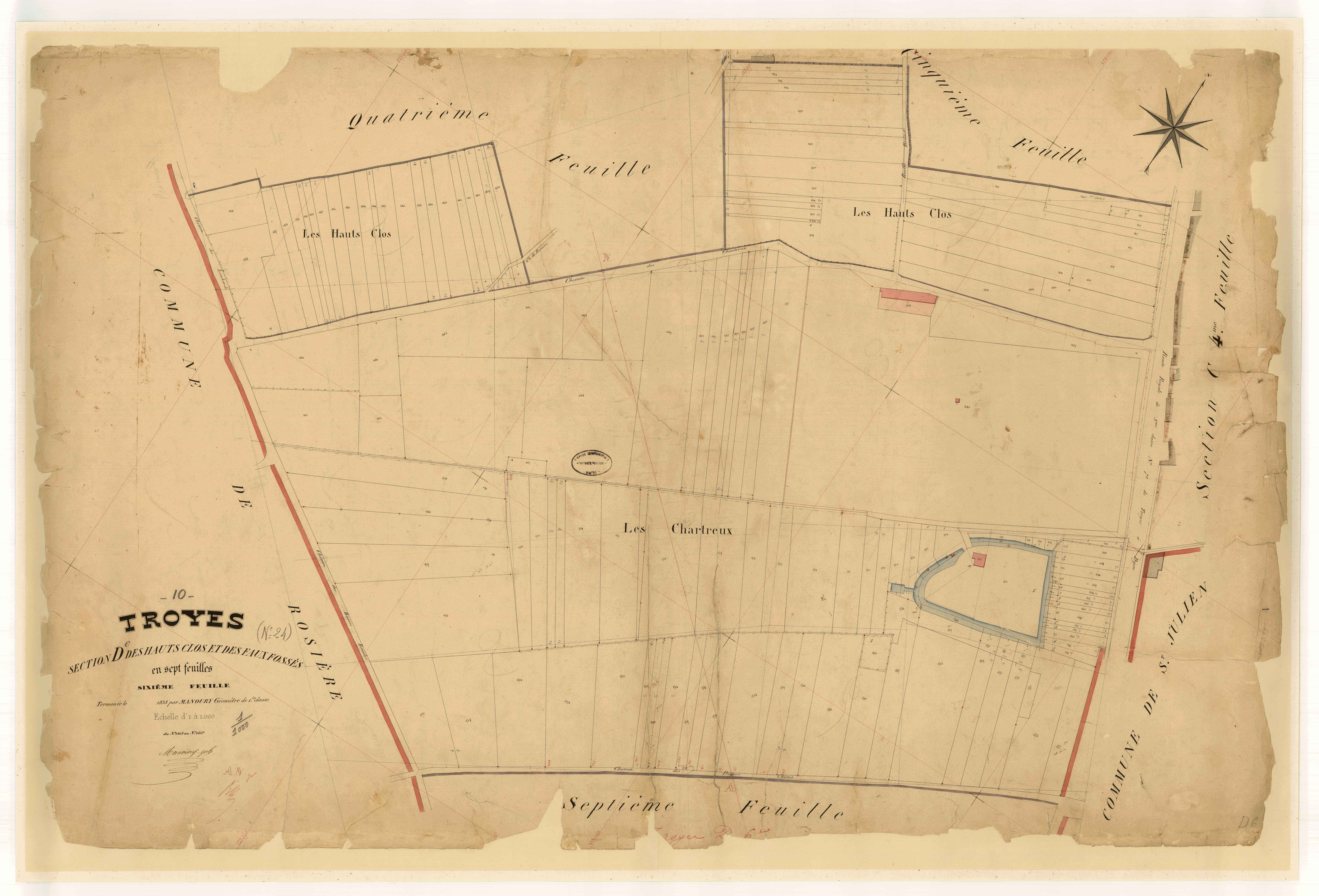 Troyes, section D dite des Hauts Clos et des Faux Fossés, feuille n° 6, parcelles n° 1413-1557
