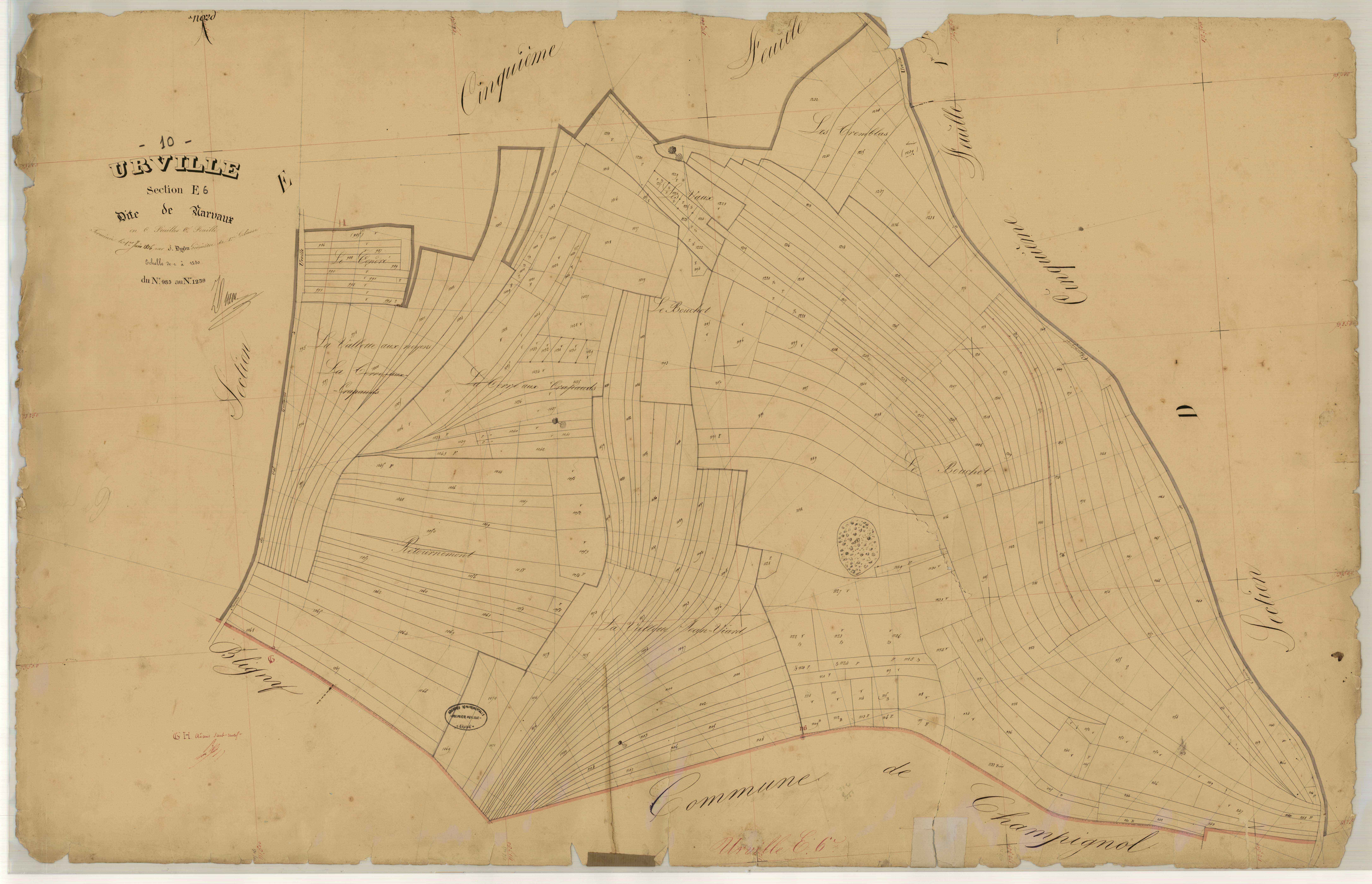 Urville, section E dite de Narvaux, feuille  n° 6, parcelles n° 985-1239