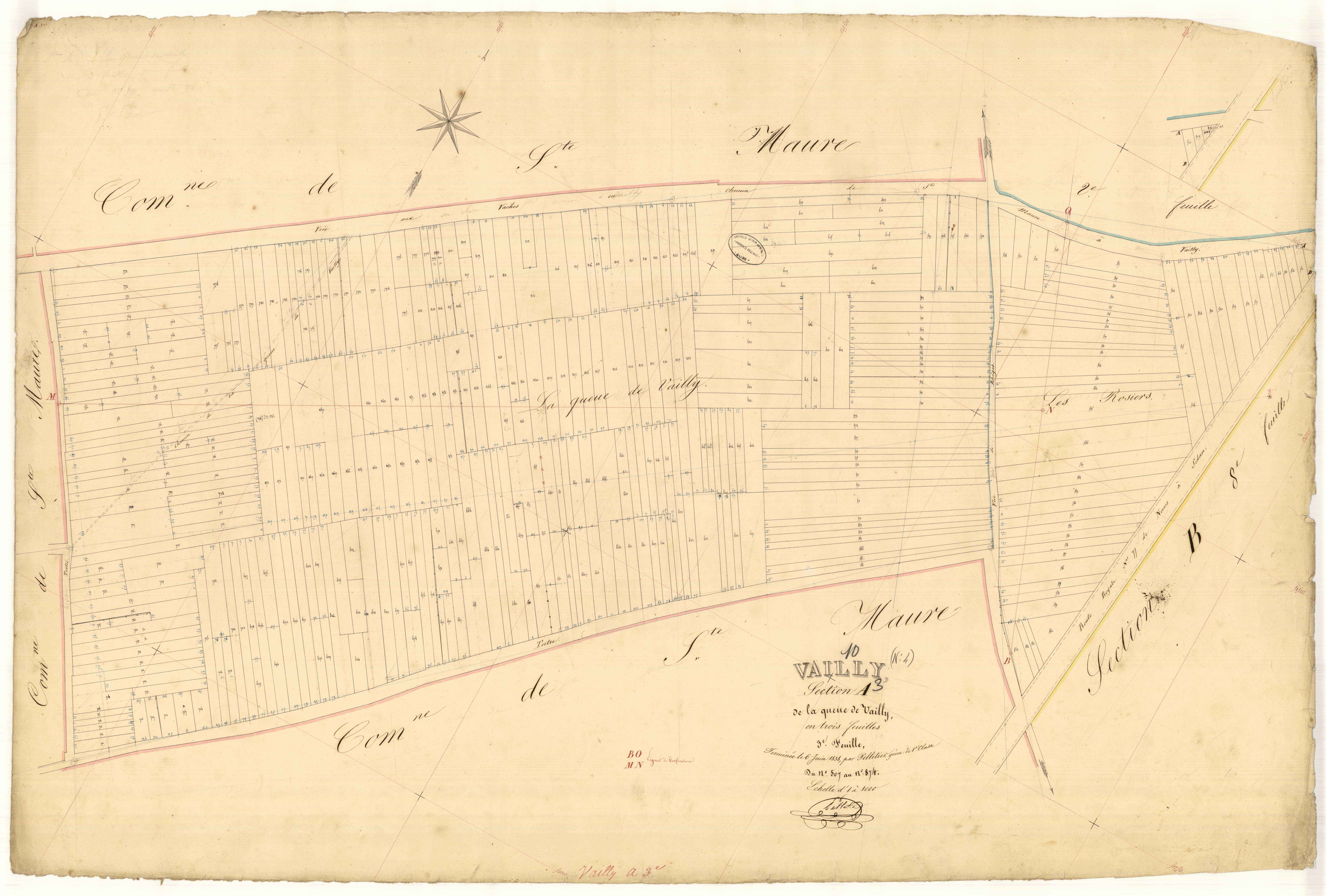 Vailly, section A dite de la queue de Vailly, feuille n° 3, parcelles n° 507-874