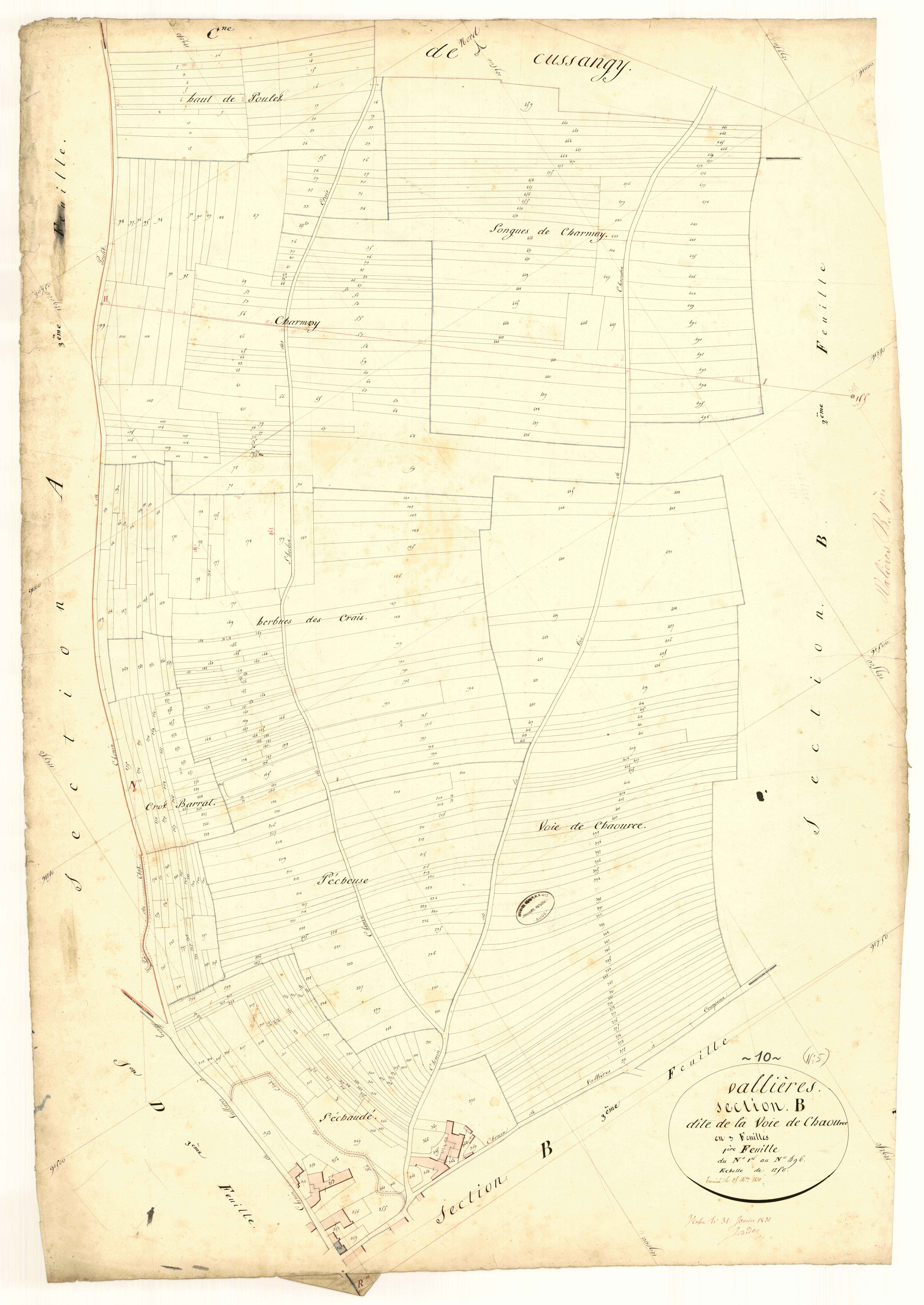 Vallières, section B dite de la voie de Chaource, feuille  n° 1, parcelles n° 1-496