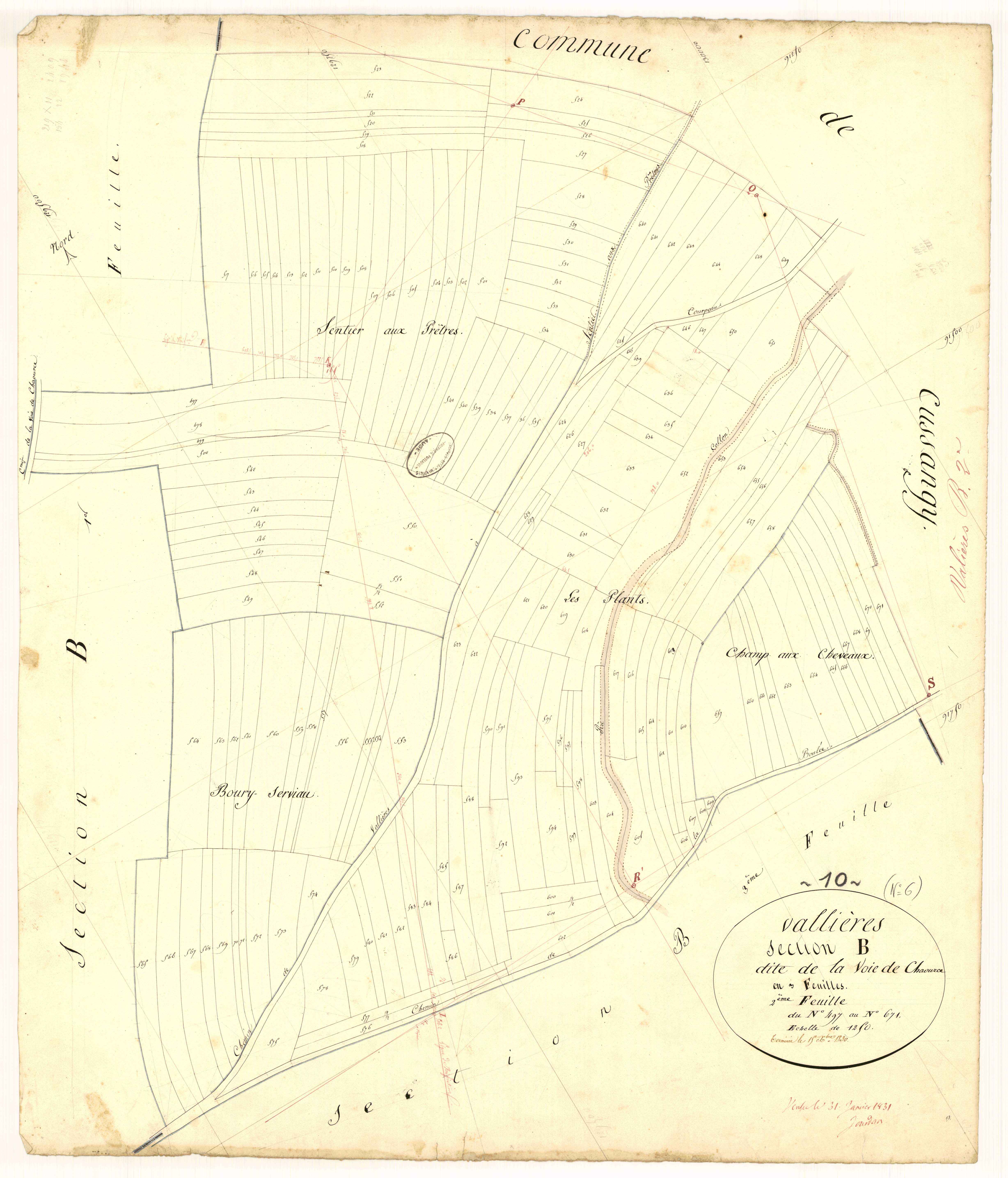 Vallières, section B dite de la voie de Chaource, feuille  n° 2, parcelles n° 497-671