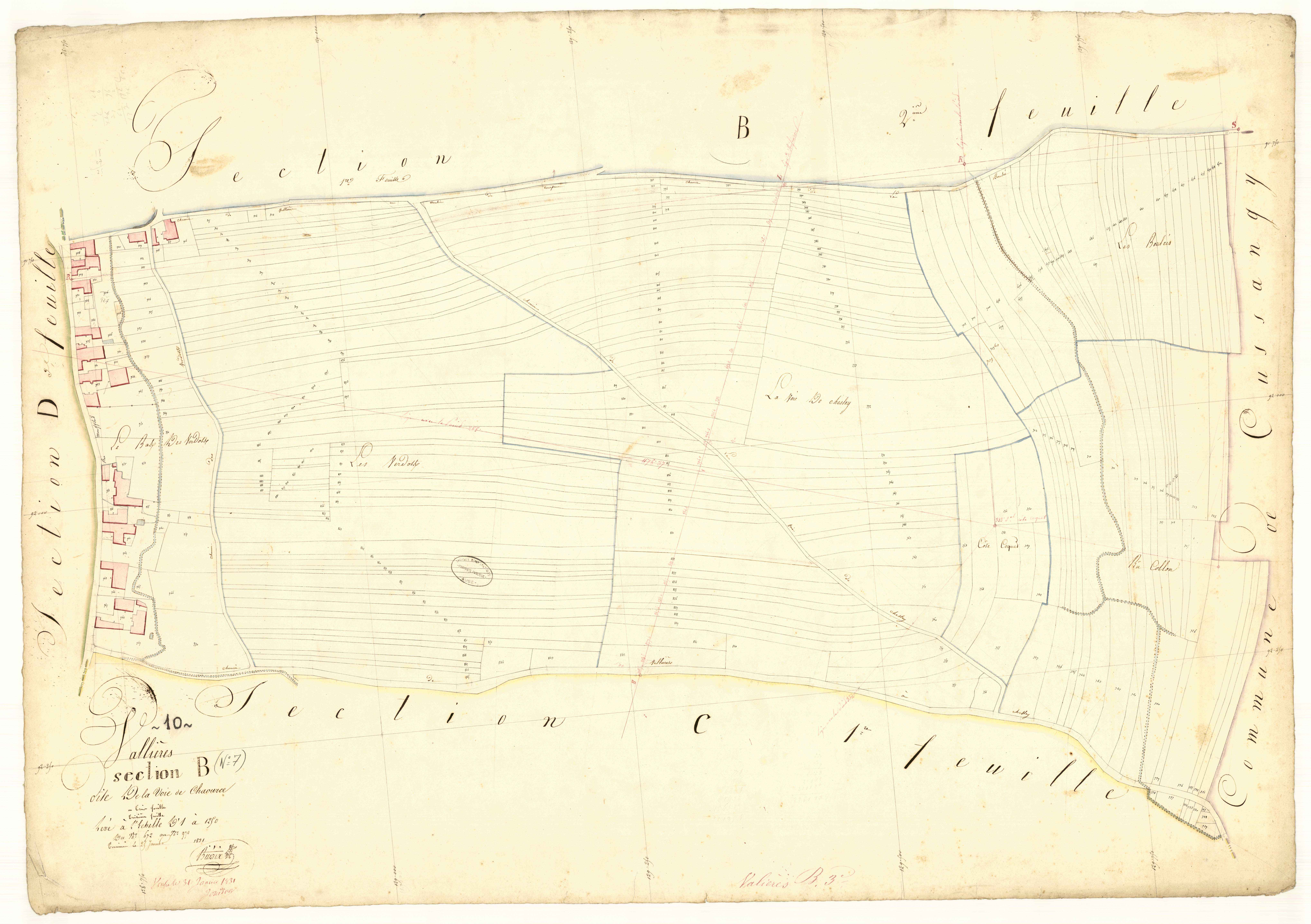 Vallières, section B dite de la voie de Chaource, feuille  n° 3, parcelles n° 672-970