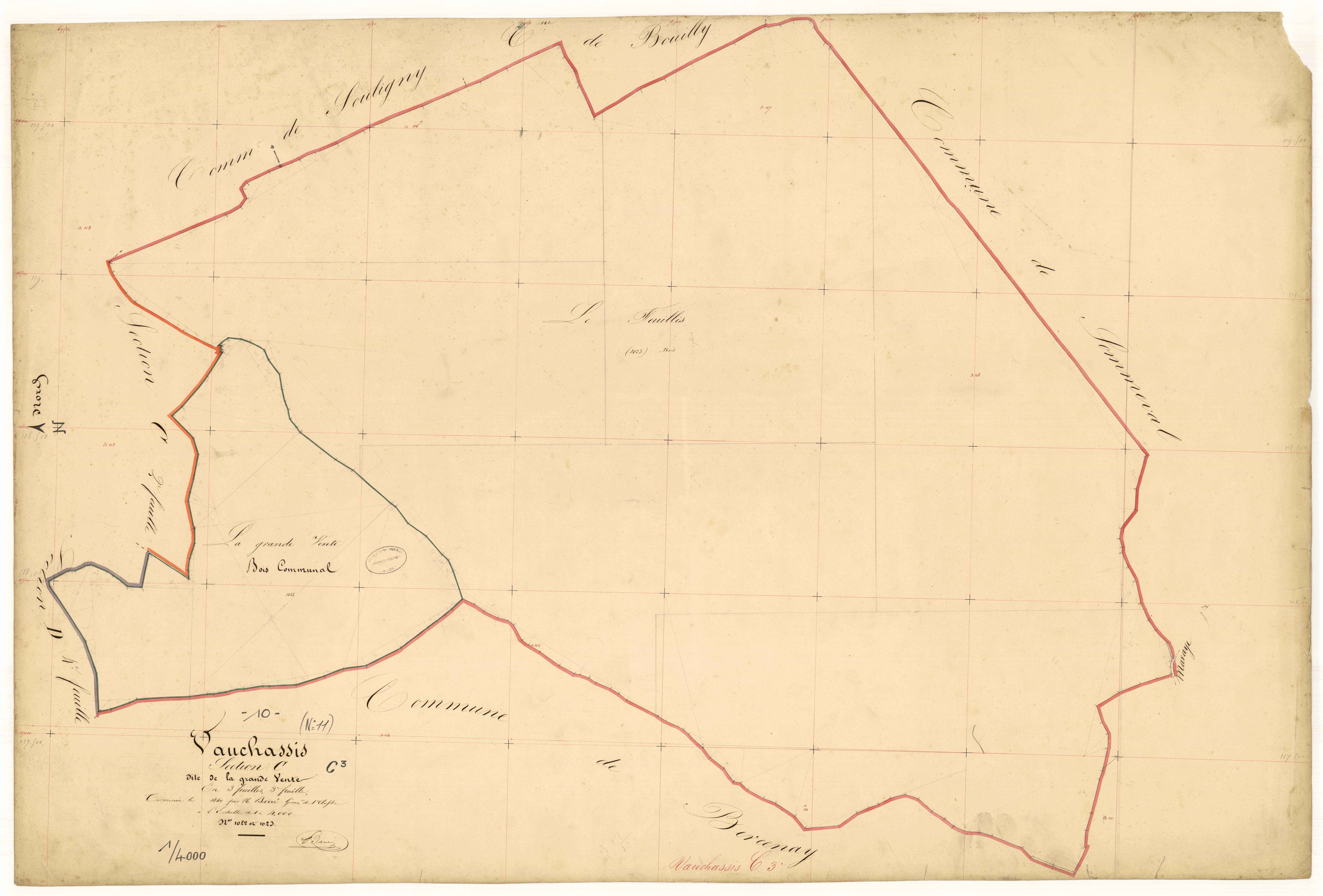 Vauchassis, section C dite de la grande vente, feuille  n° 3, parcelles n° 1022-1023