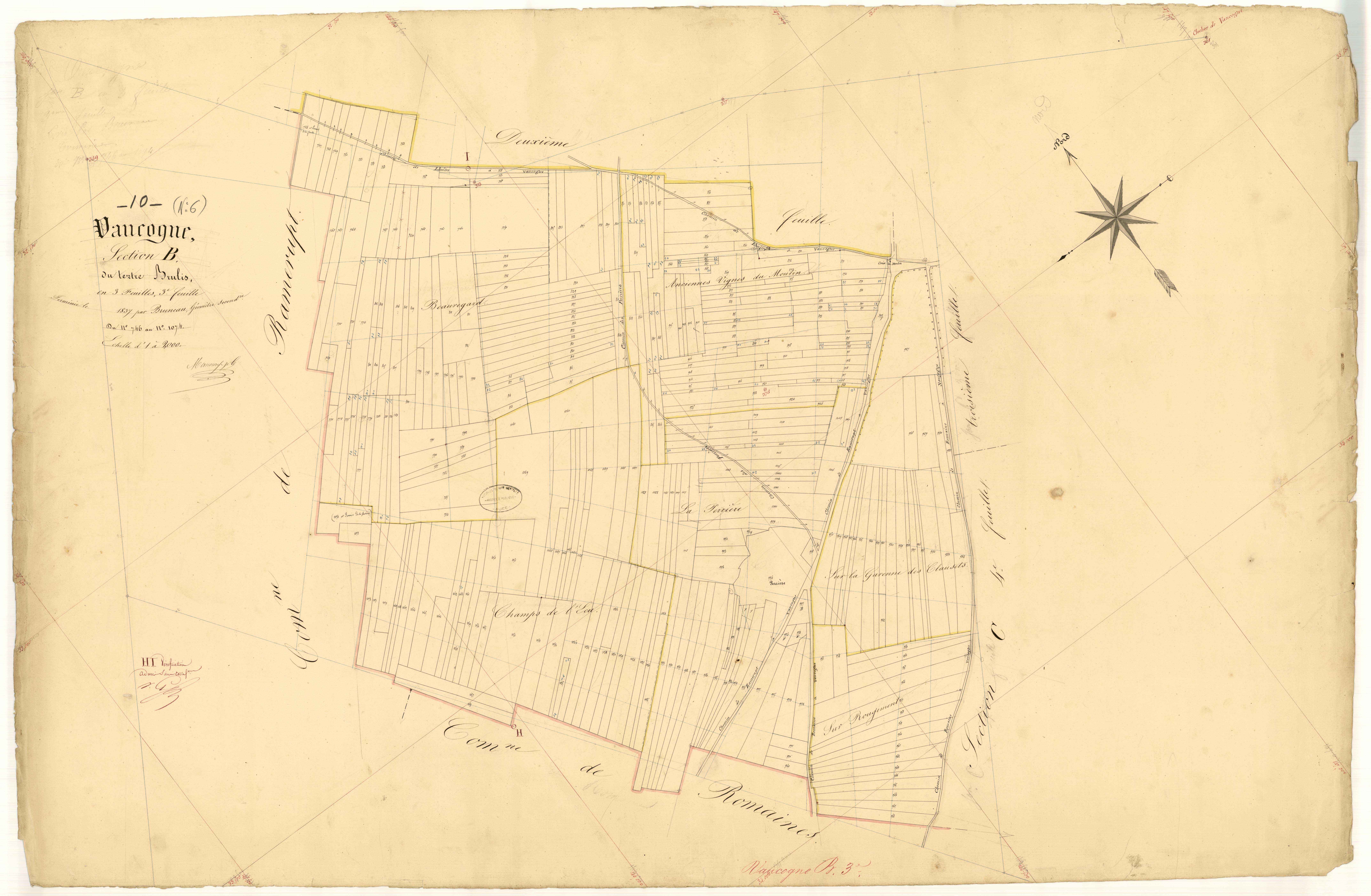 Vaucogne, section B dite du tertre brulis, feuille  n° 3, parcelles n° 746-1074