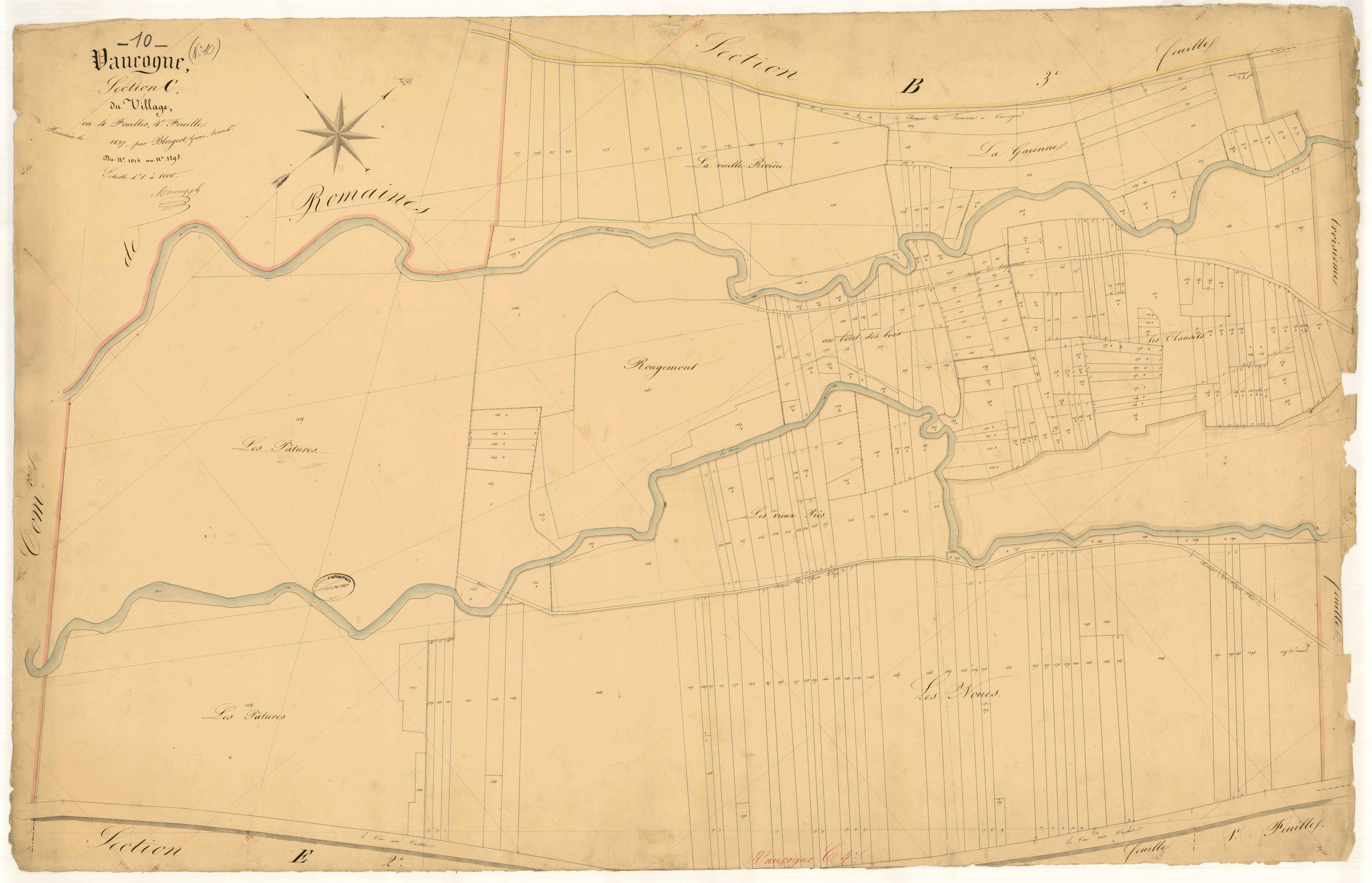 Vaucogne, section C dite du village, feuille  n° 4, parcelles n° 1014-1295