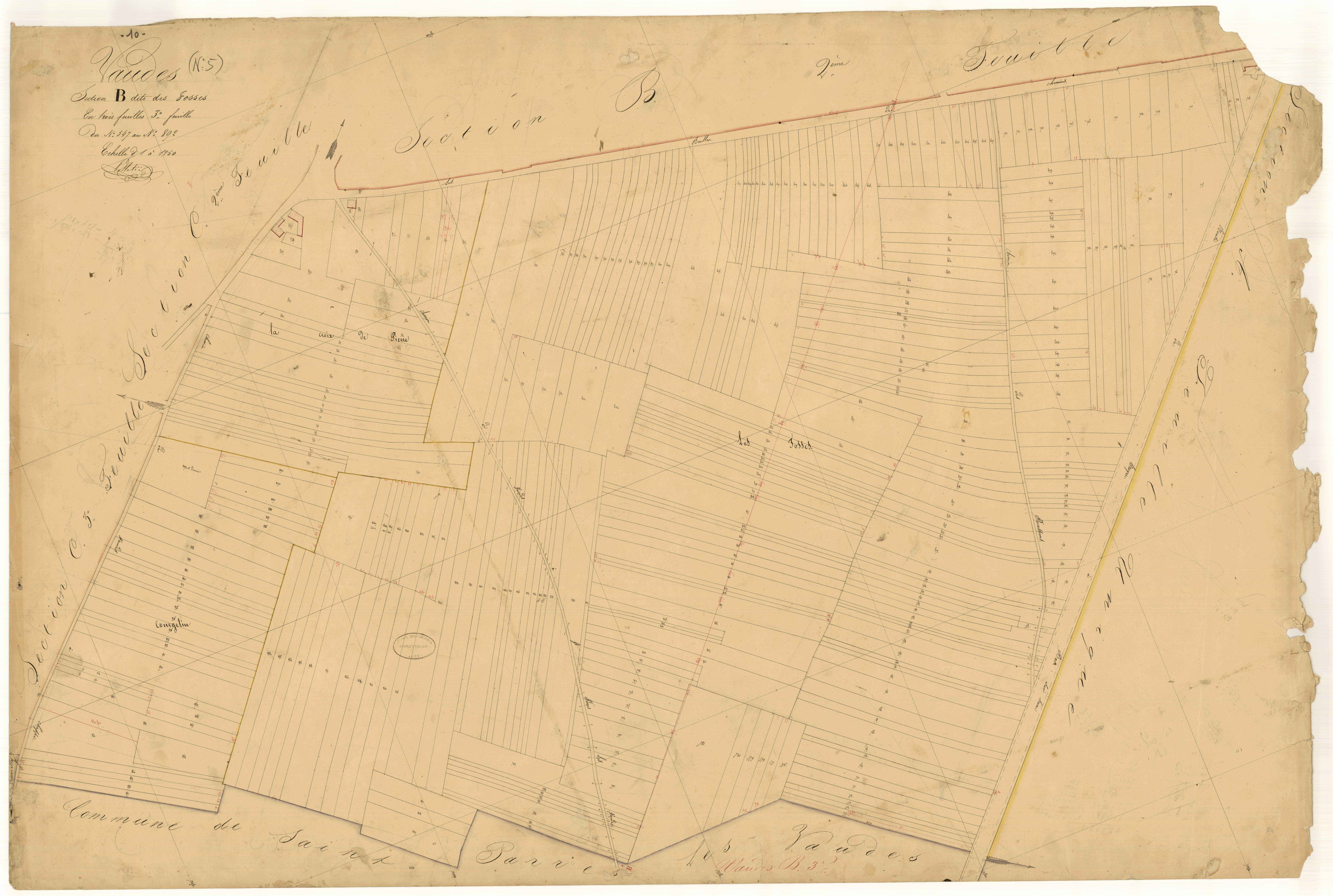 Vaudes, section B dite des fosses, feuille  n° 3, parcelles n° 547-892