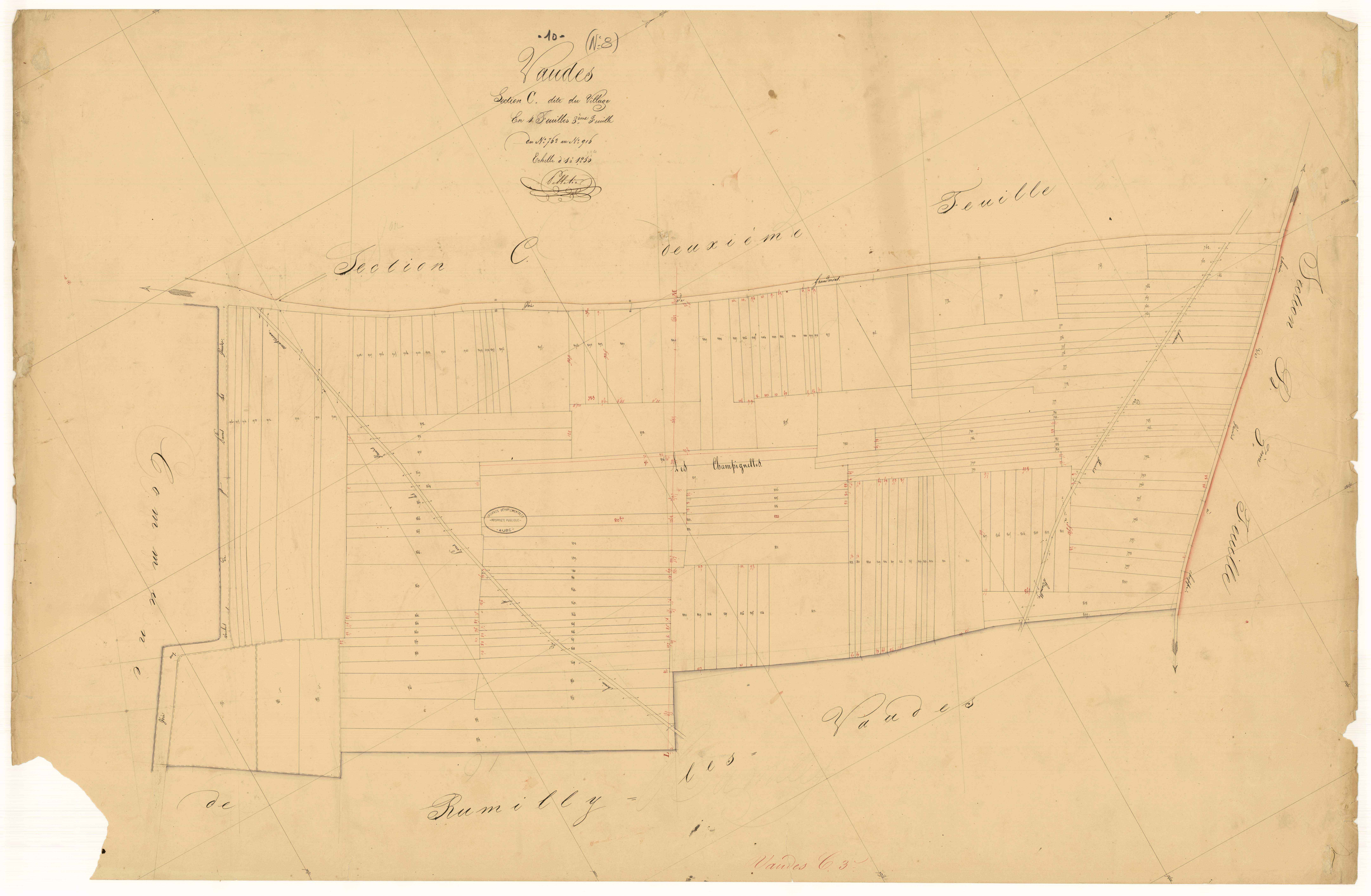 Vaudes, section C dite du village, feuille  n° 3, parcelles n° 762-916