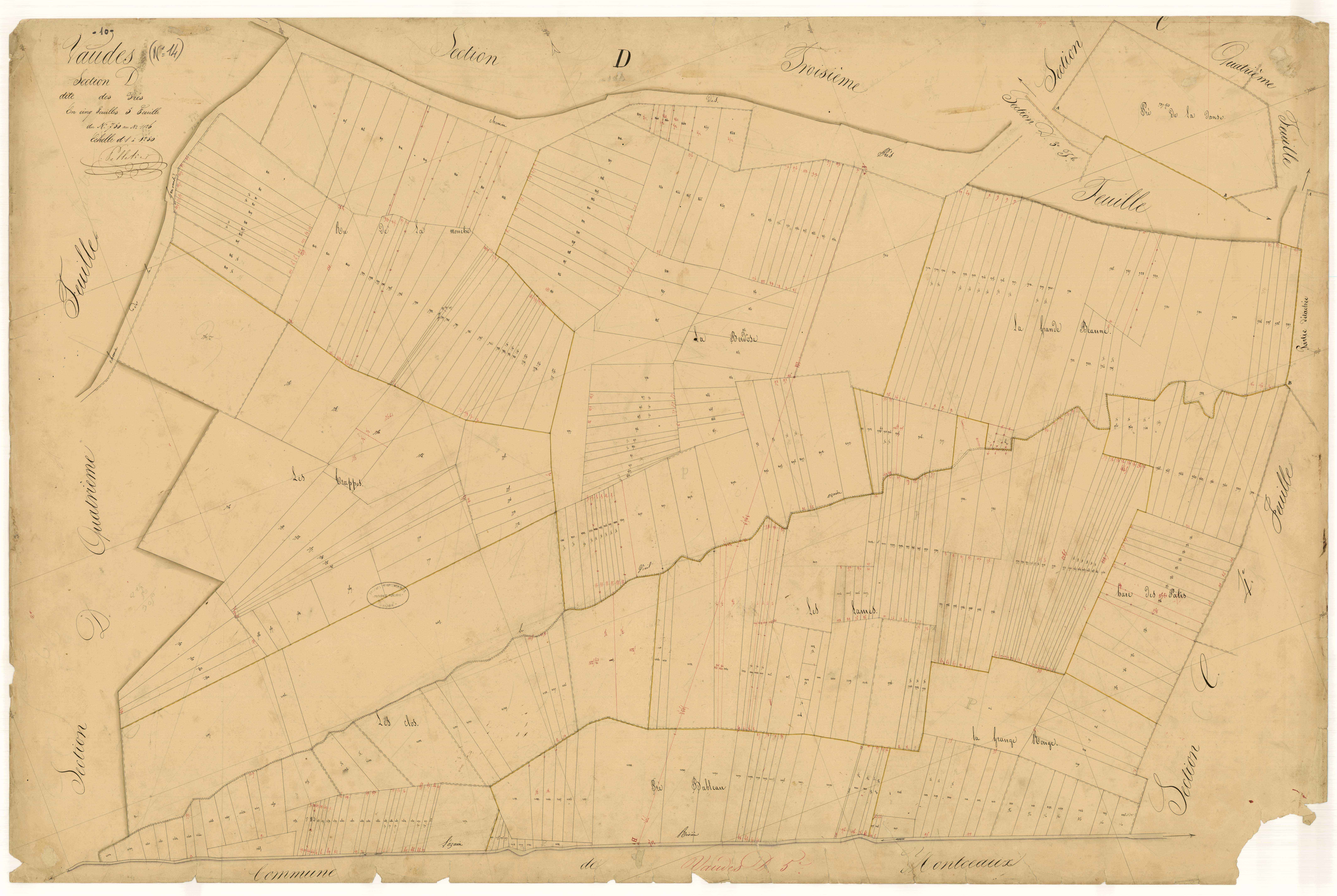 Vaudes, section D dite des prés, feuille  n° 5, parcelles n° 750-1126