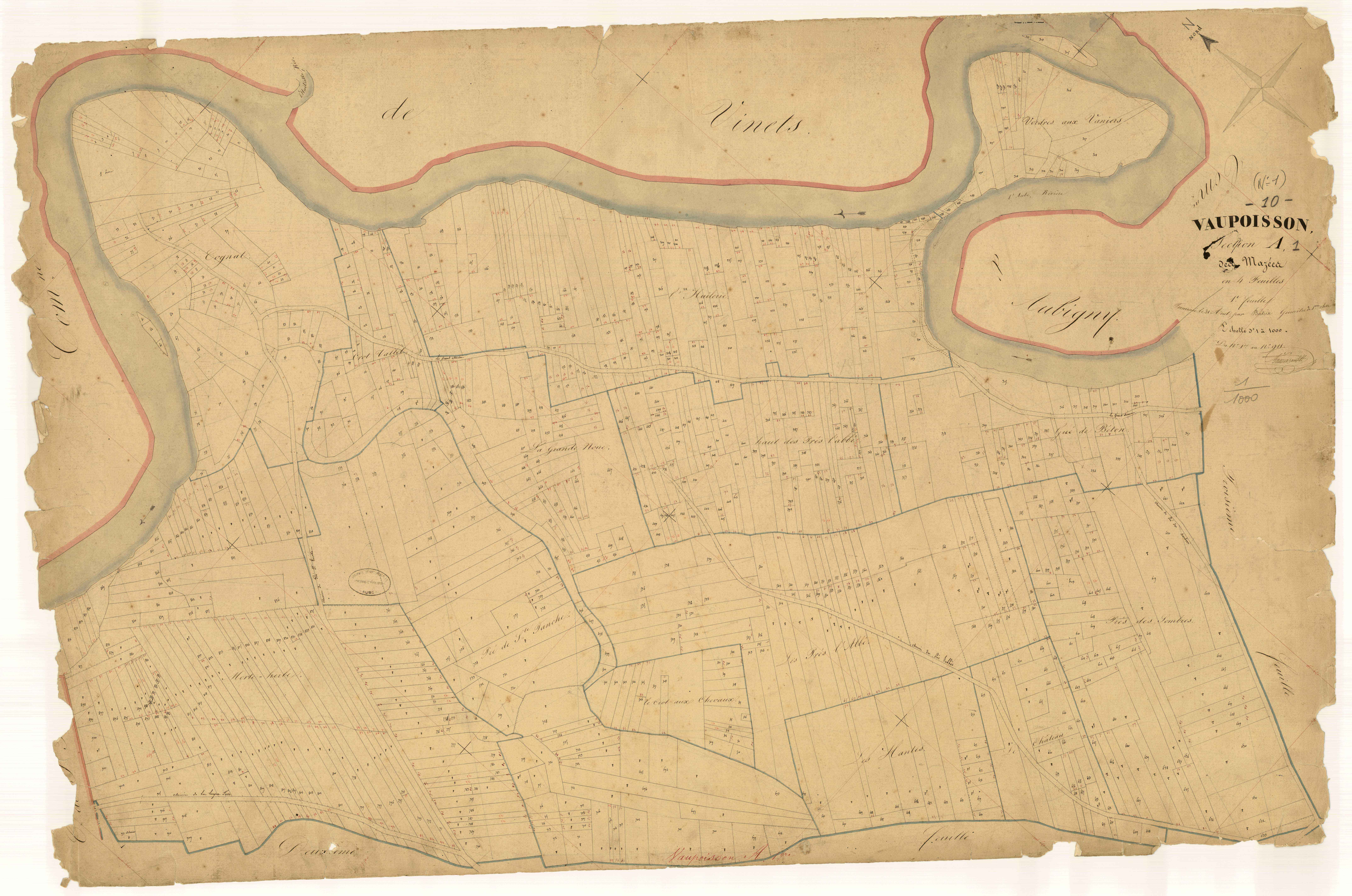 Vaupoisson, section A dite des mazées, feuille  n° 1, parcelles n°1-911