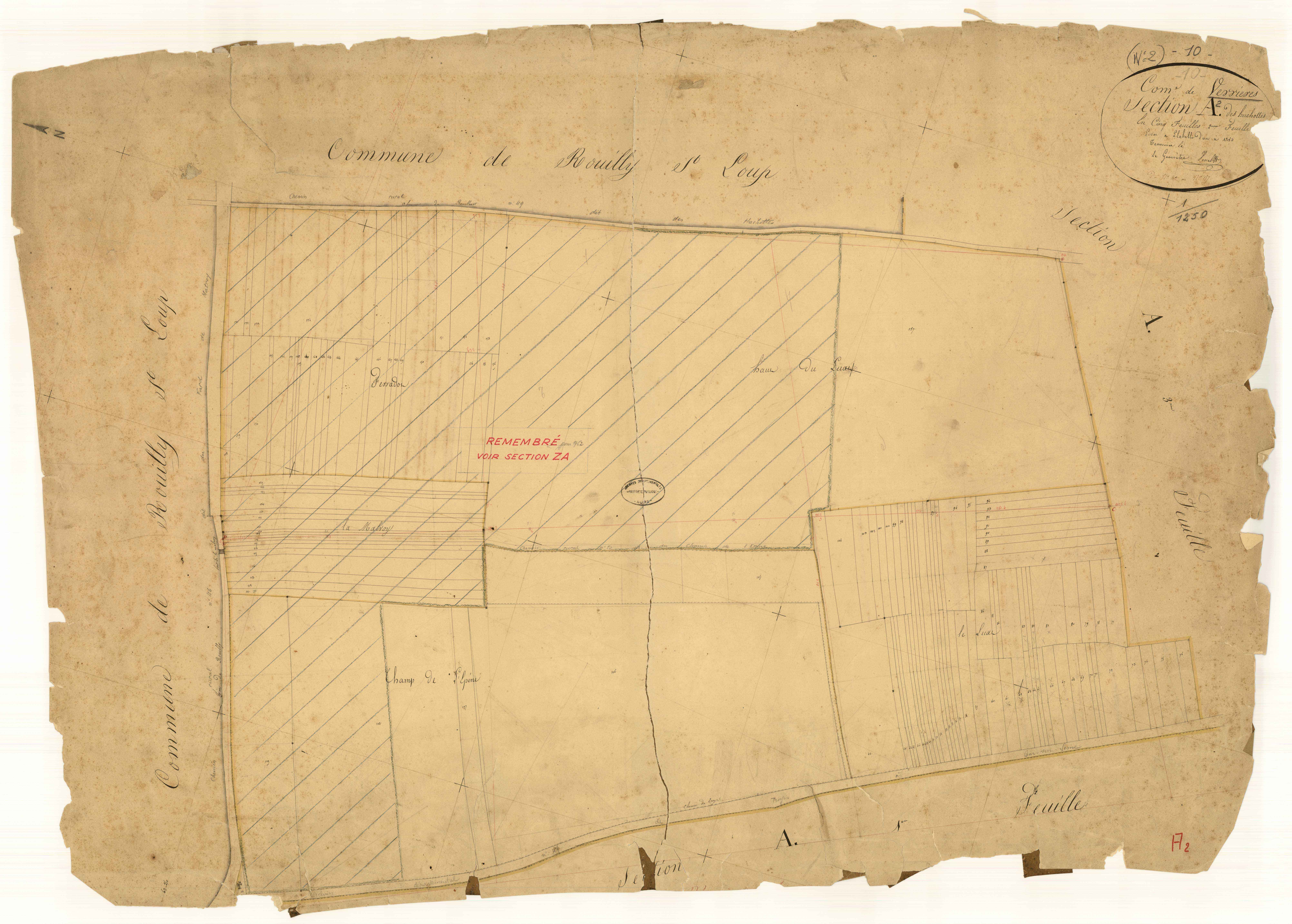Verrières, section A dite des huchottes, feuille n°2, parcelles n° 42-157