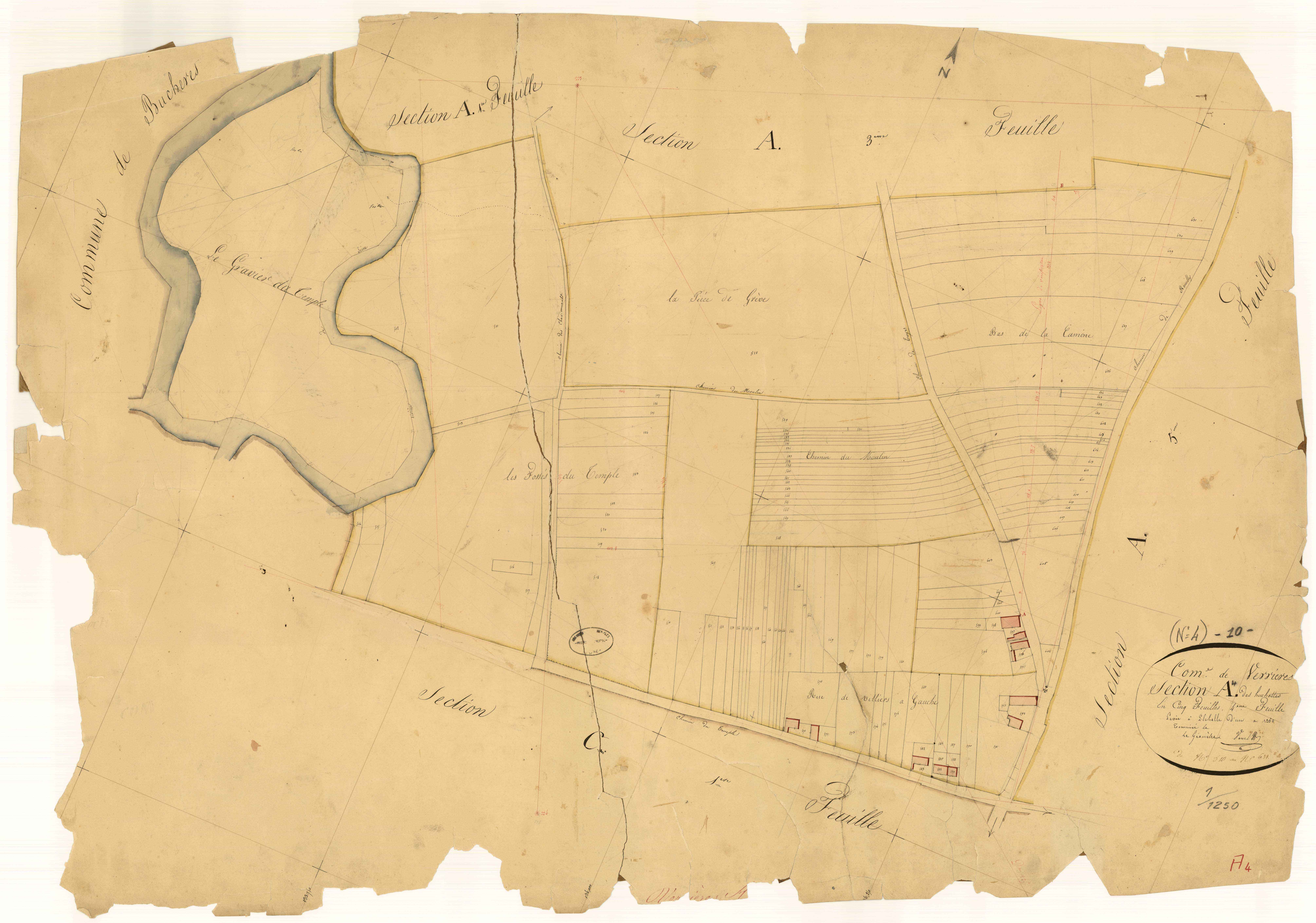 Verrières, section A dite des huchottes, feuille n°4, parcelles n° 510-631