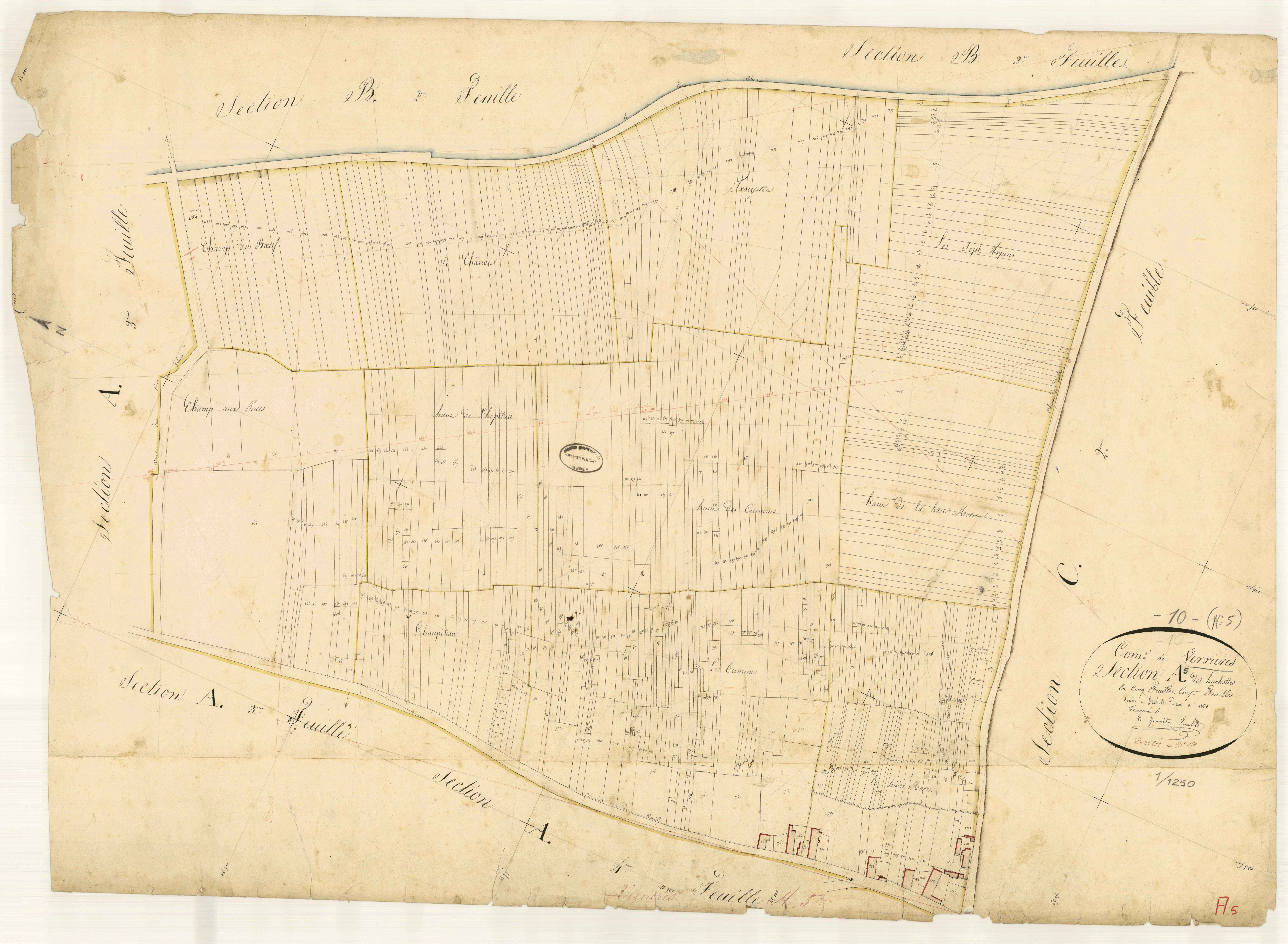 Verrières, section A dite des huchottes, feuille n°5, parcelles n° 632-1154