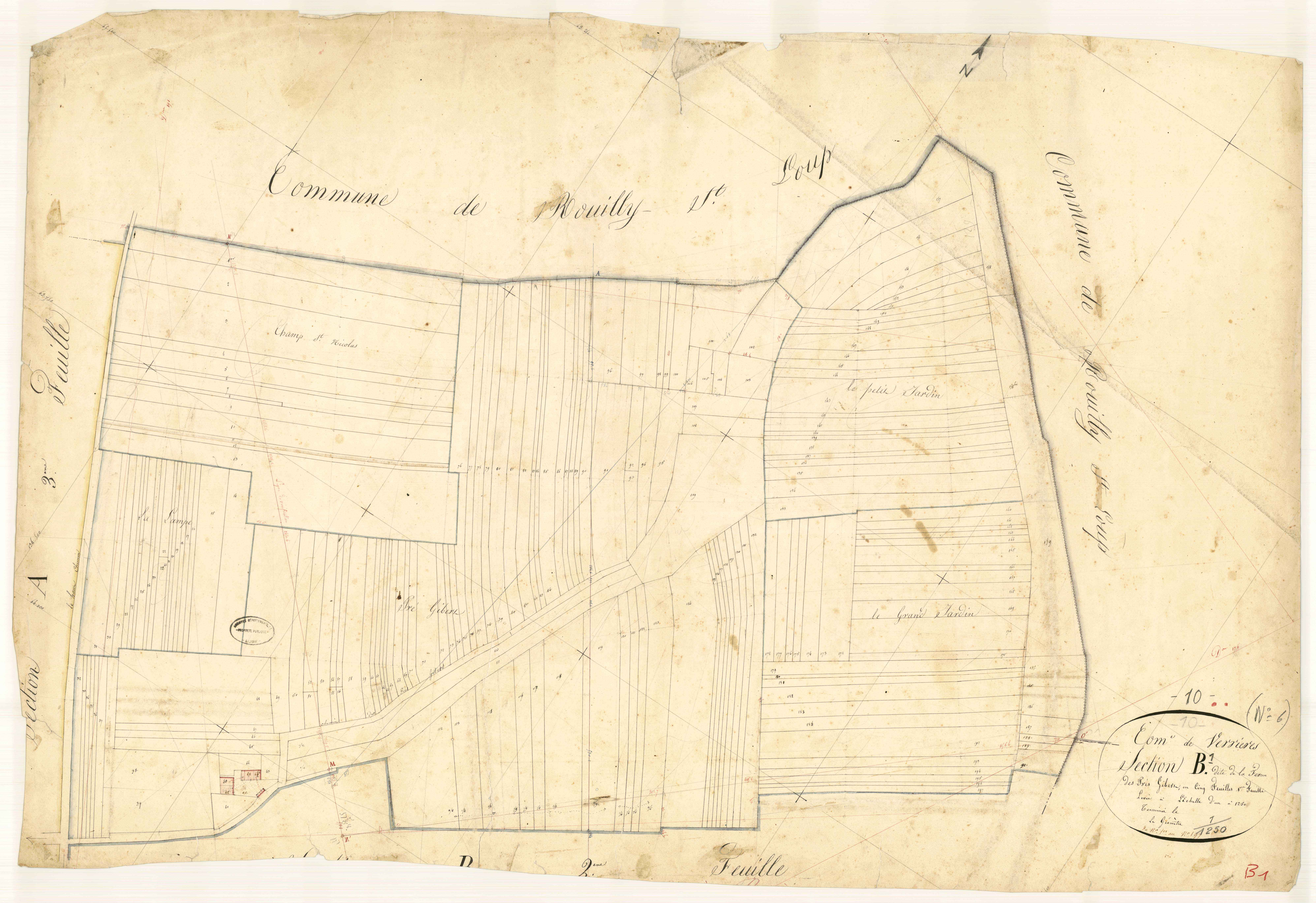 Verrières, section B dite de la ferme des prés Gibert, feuille n°1, parcelles n° 1-197