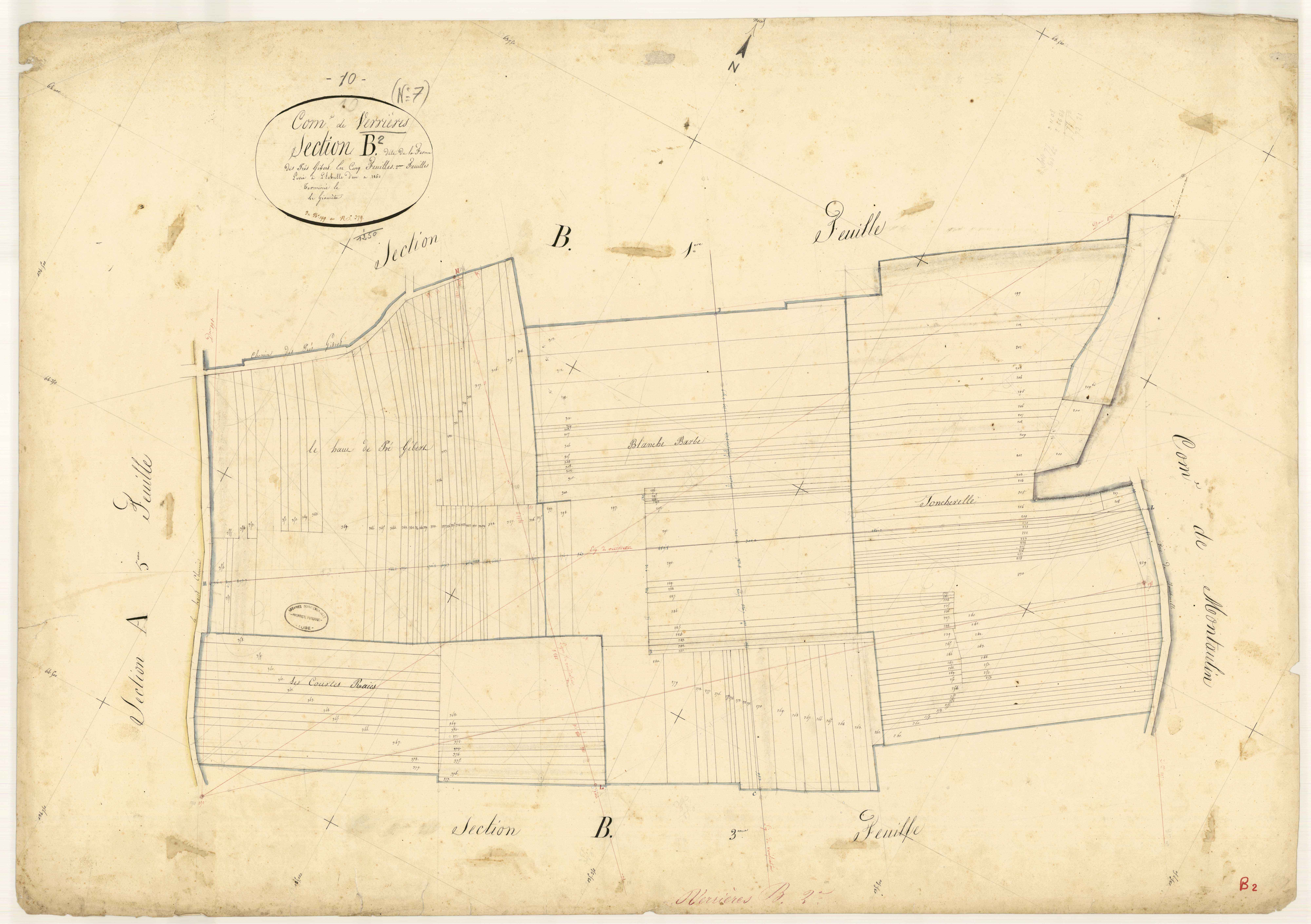 Verrières, section B dite de la ferme des prés Gibert, feuille n°2, parcelles n° 199-379