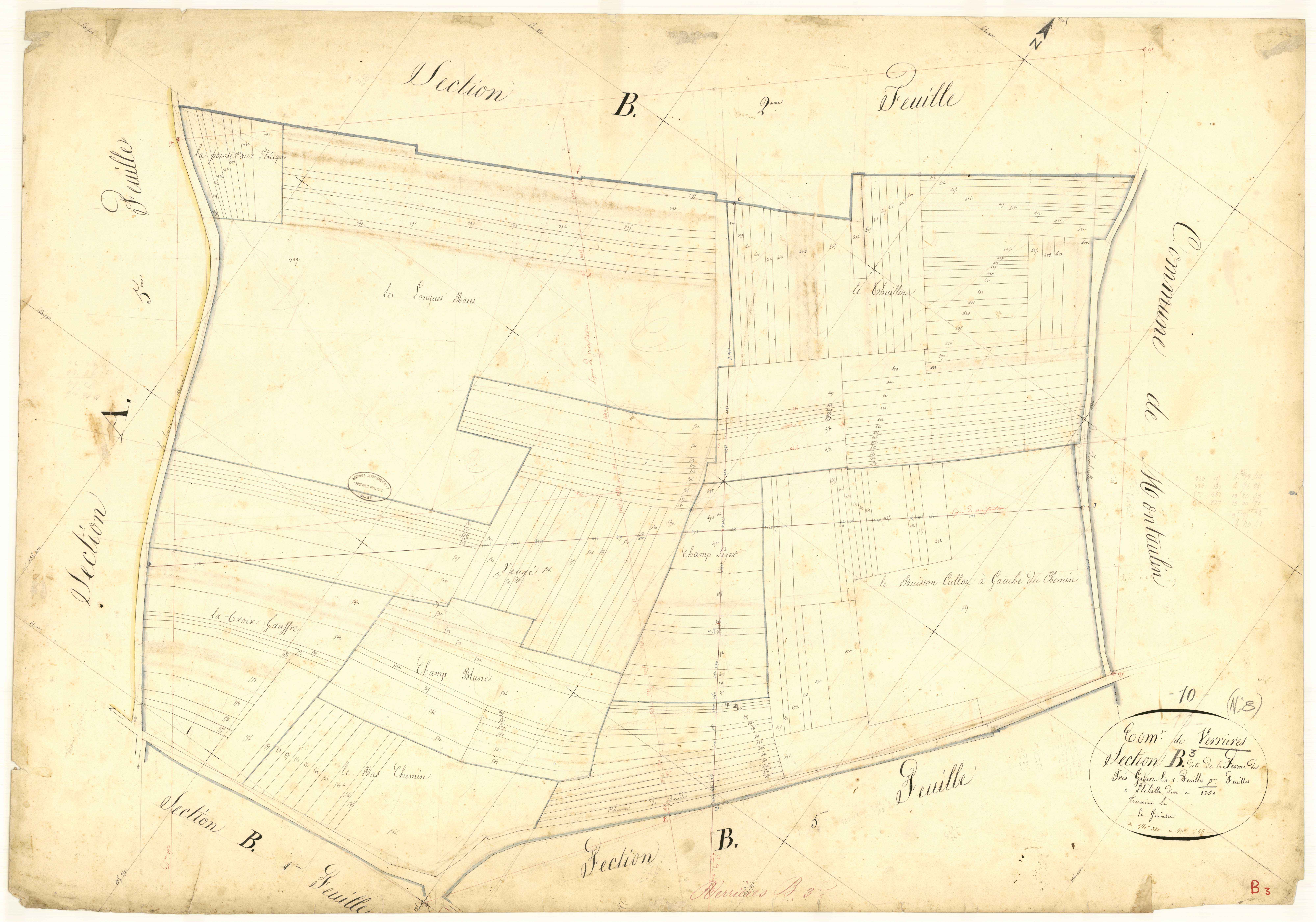 Verrières, section B dite de la ferme des prés Gibert, feuille n°3, parcelles n° 380-566