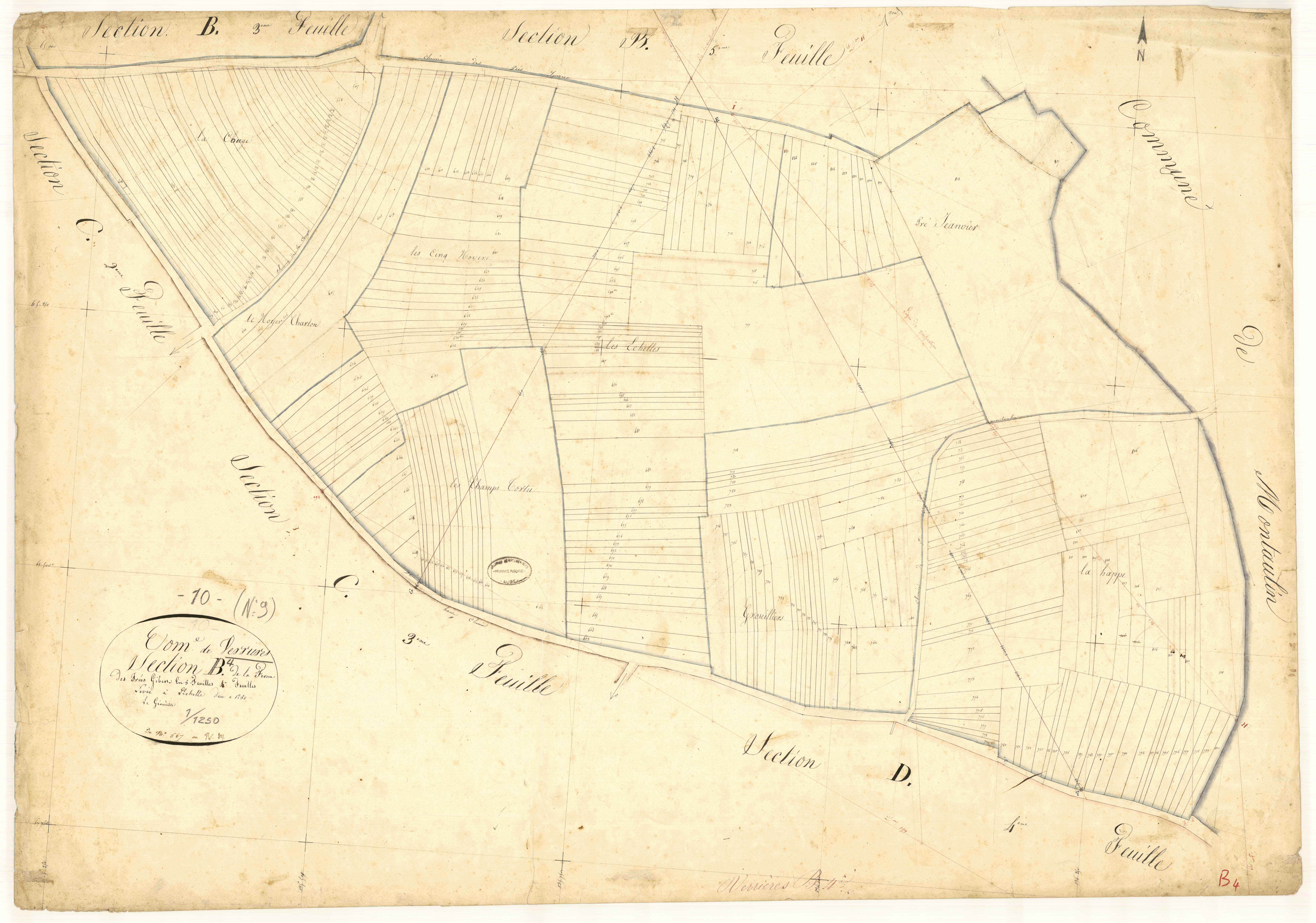 Verrières, section B dite de la ferme des prés Gibert, feuille n°4, parcelles n° 567-827