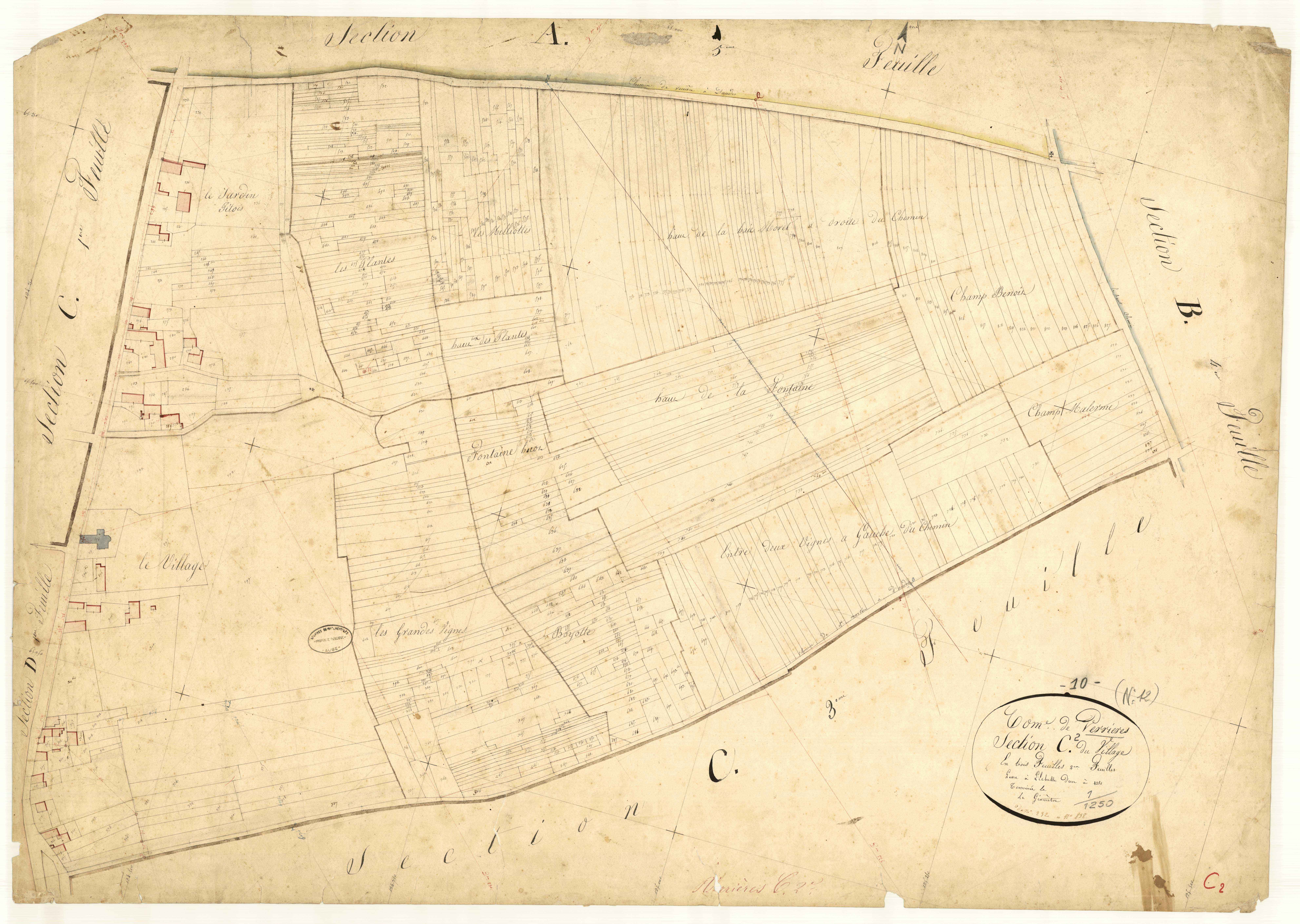 Verrières, section C dite du village, feuille n°2, parcelles n° 232-838