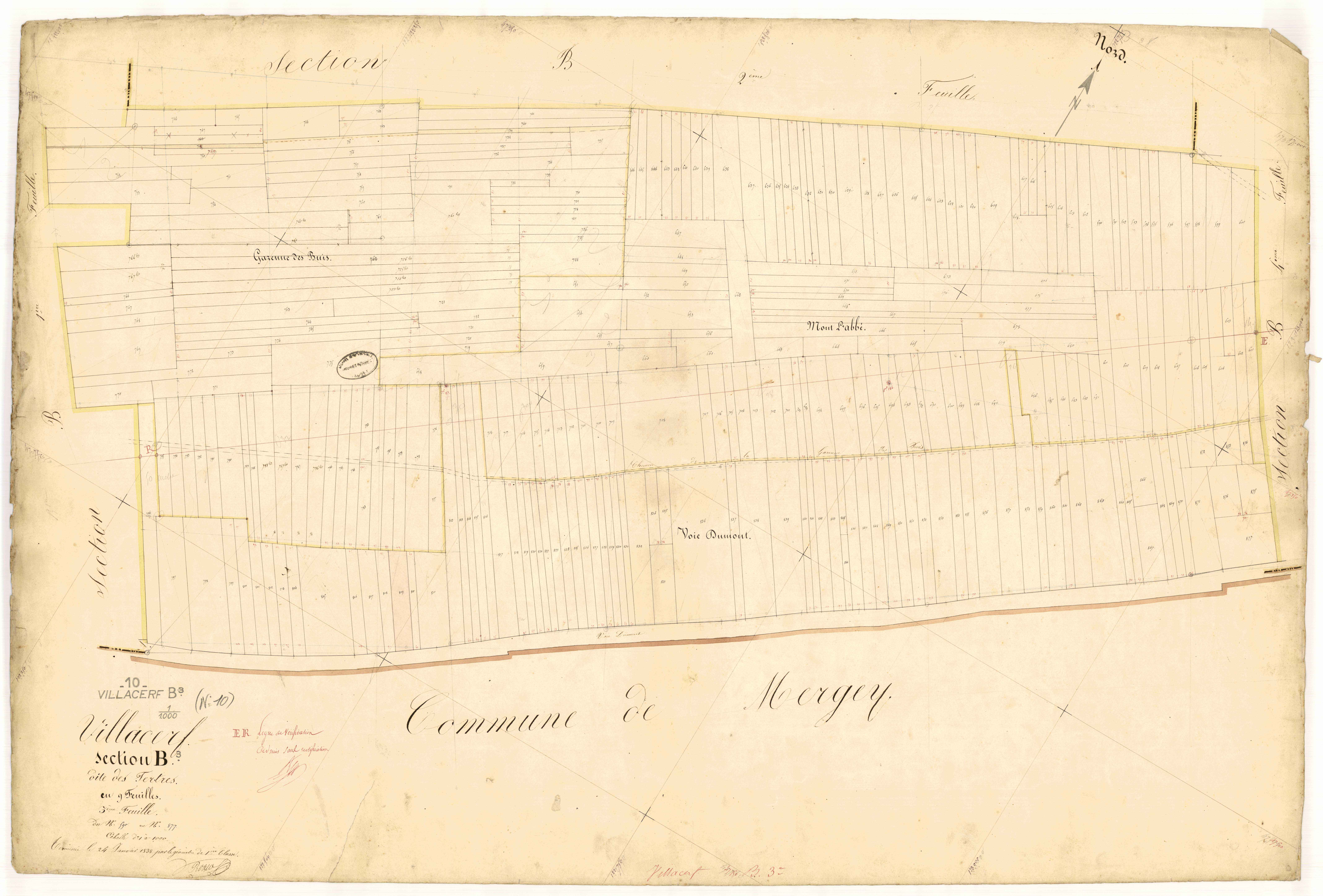 Villacerf, section B dite des tertres, feuille n°3, parcelles n°590-877