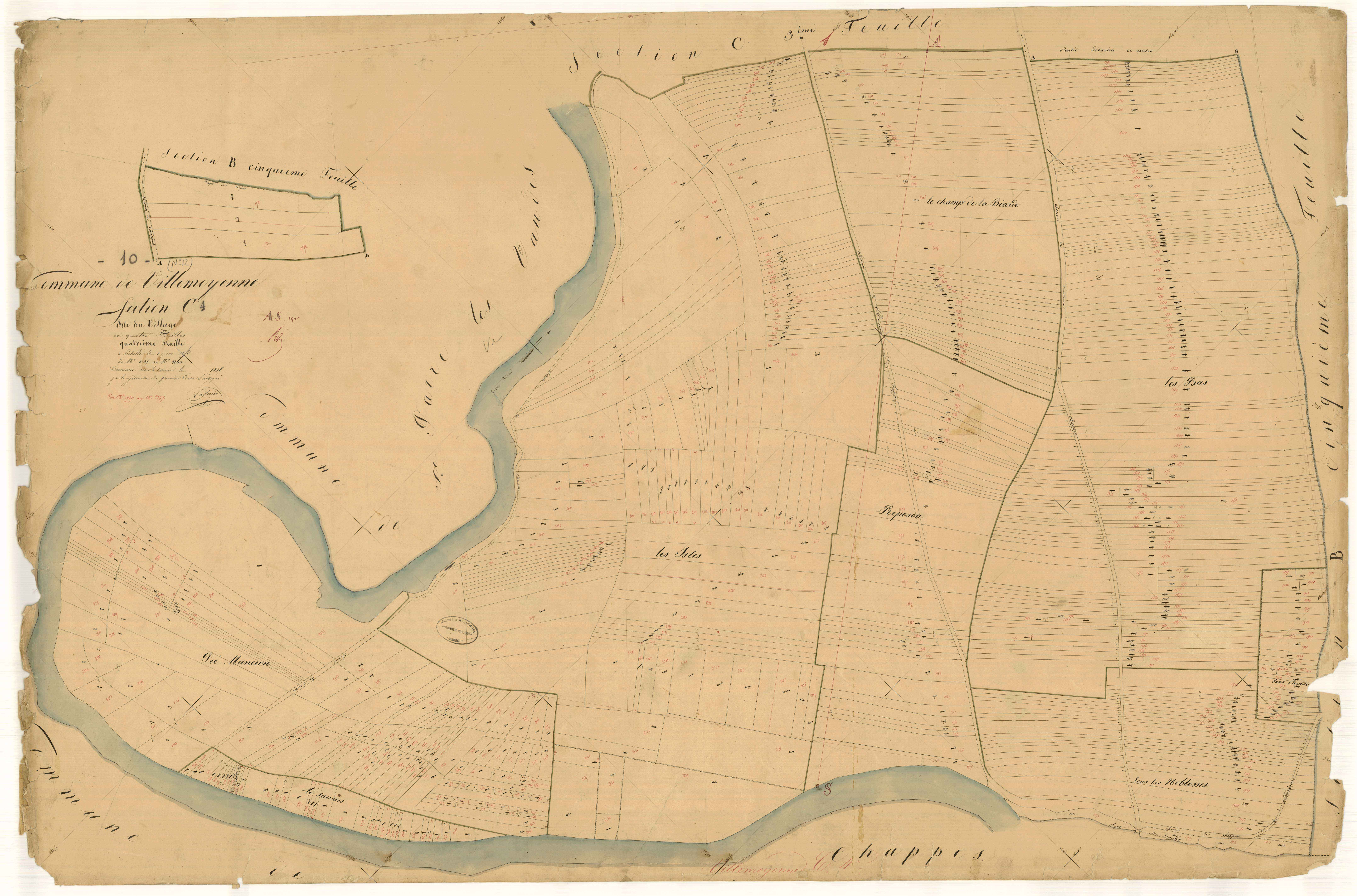 Villemoyenne, section C dite du village, feuille n°4, parcelles n° 1735-2297
