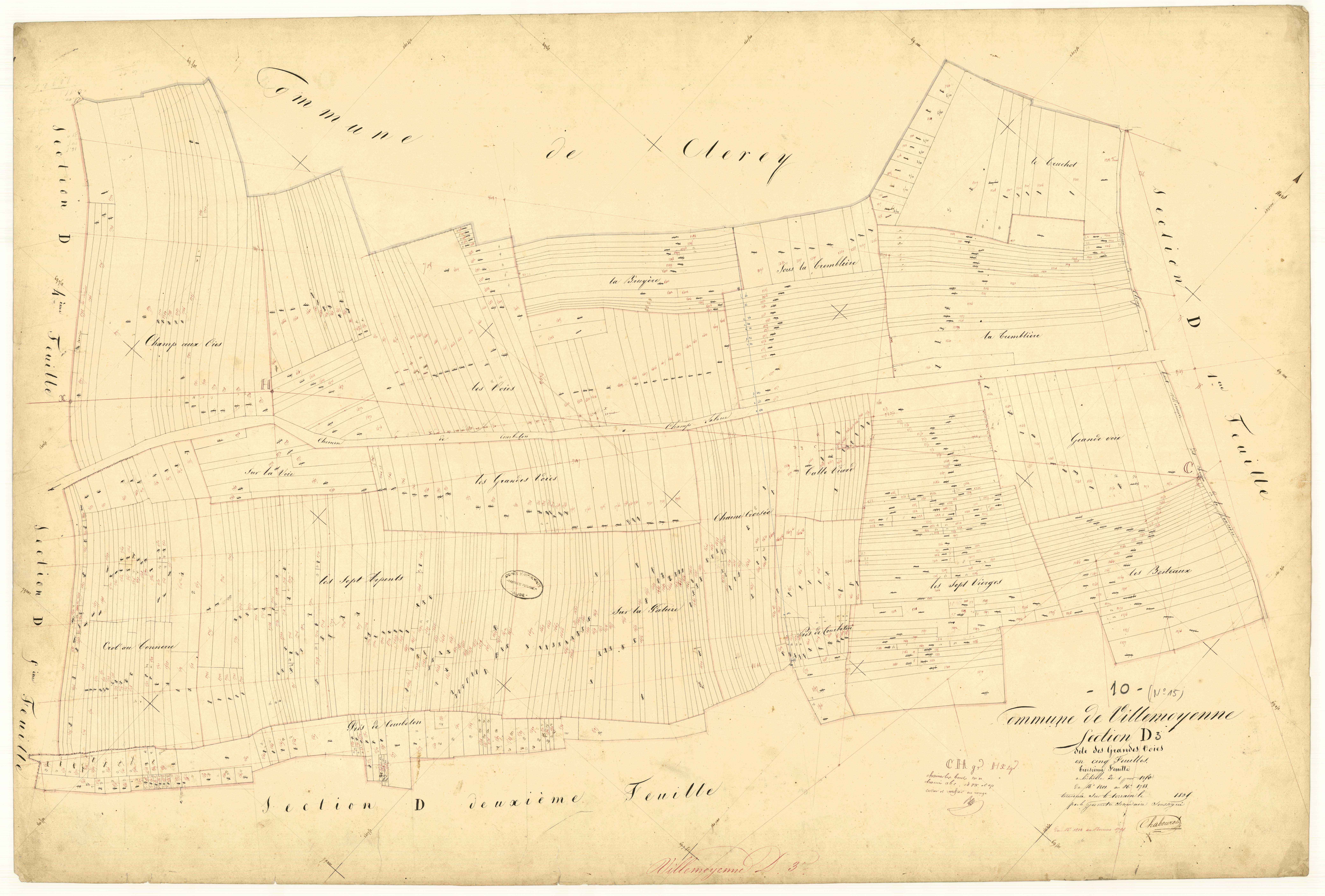 Villemoyenne, section D dite des grandes voies, feuille n°3, parcelles n° 1202-1798