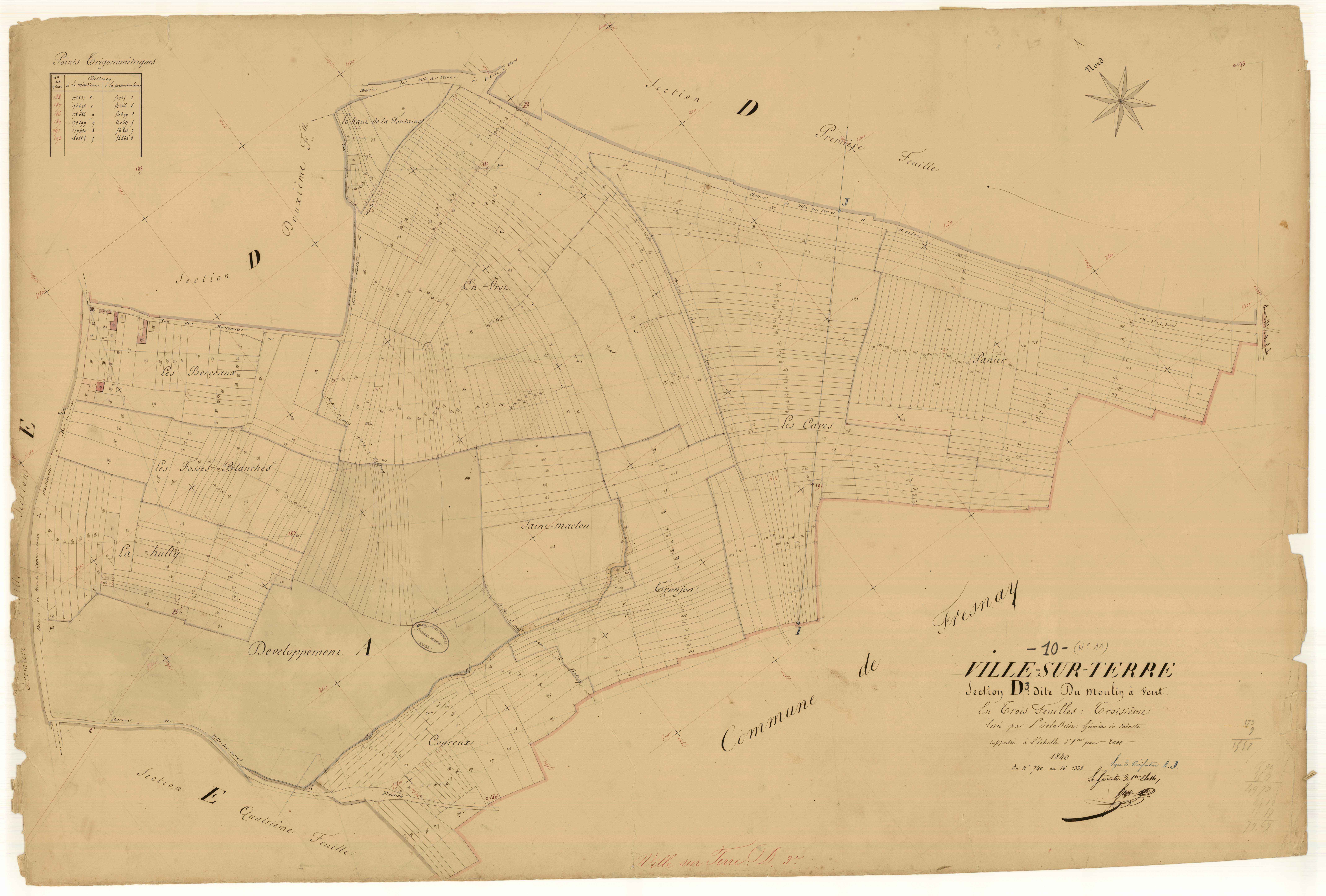 Ville-sur-Terre, section D dite du moulin à vent, feuille n°3, parcelles n° 740-1338