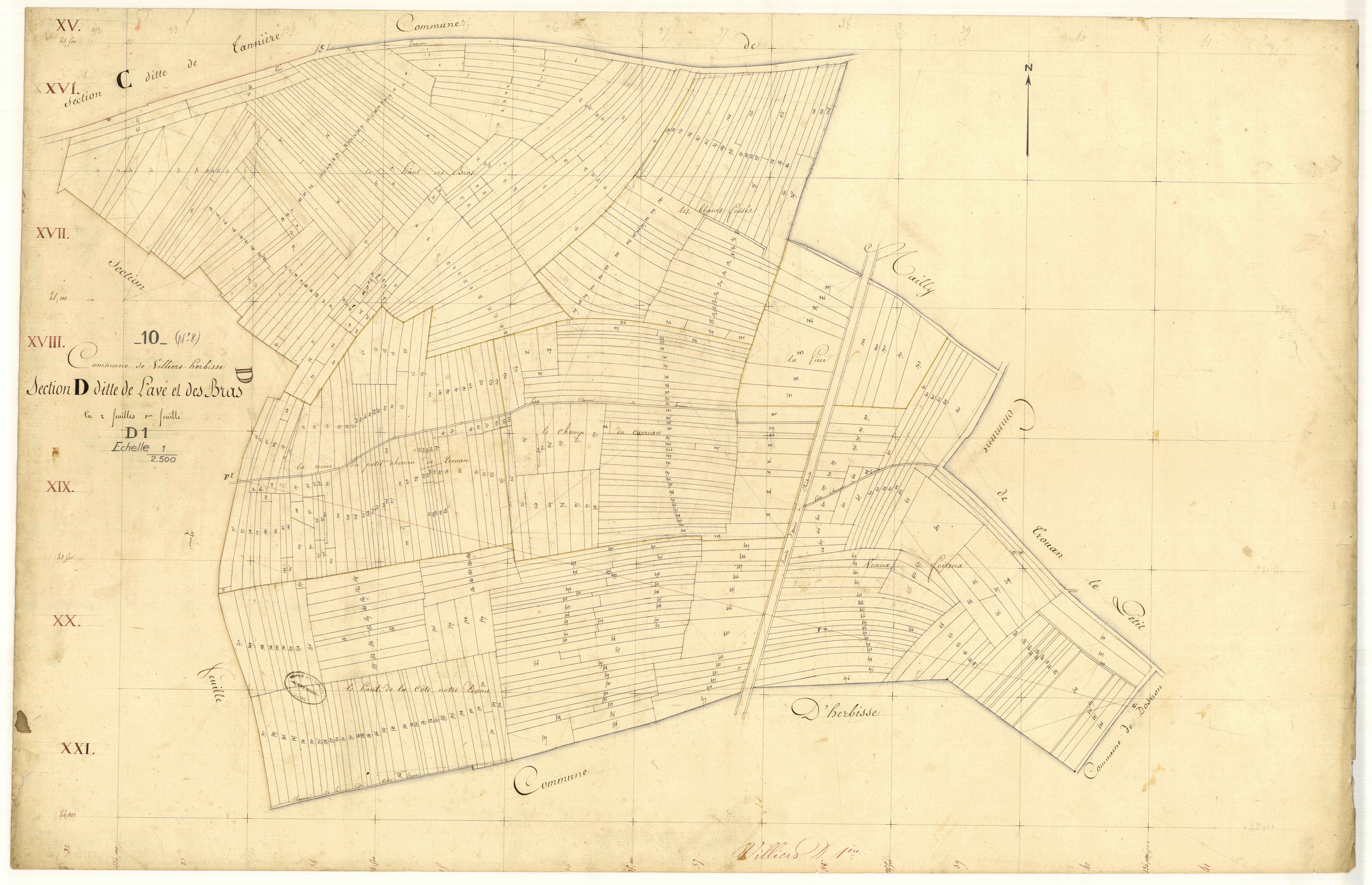 Villiers-Herbisse, section D dite de lavé et des bras, feuille n°1