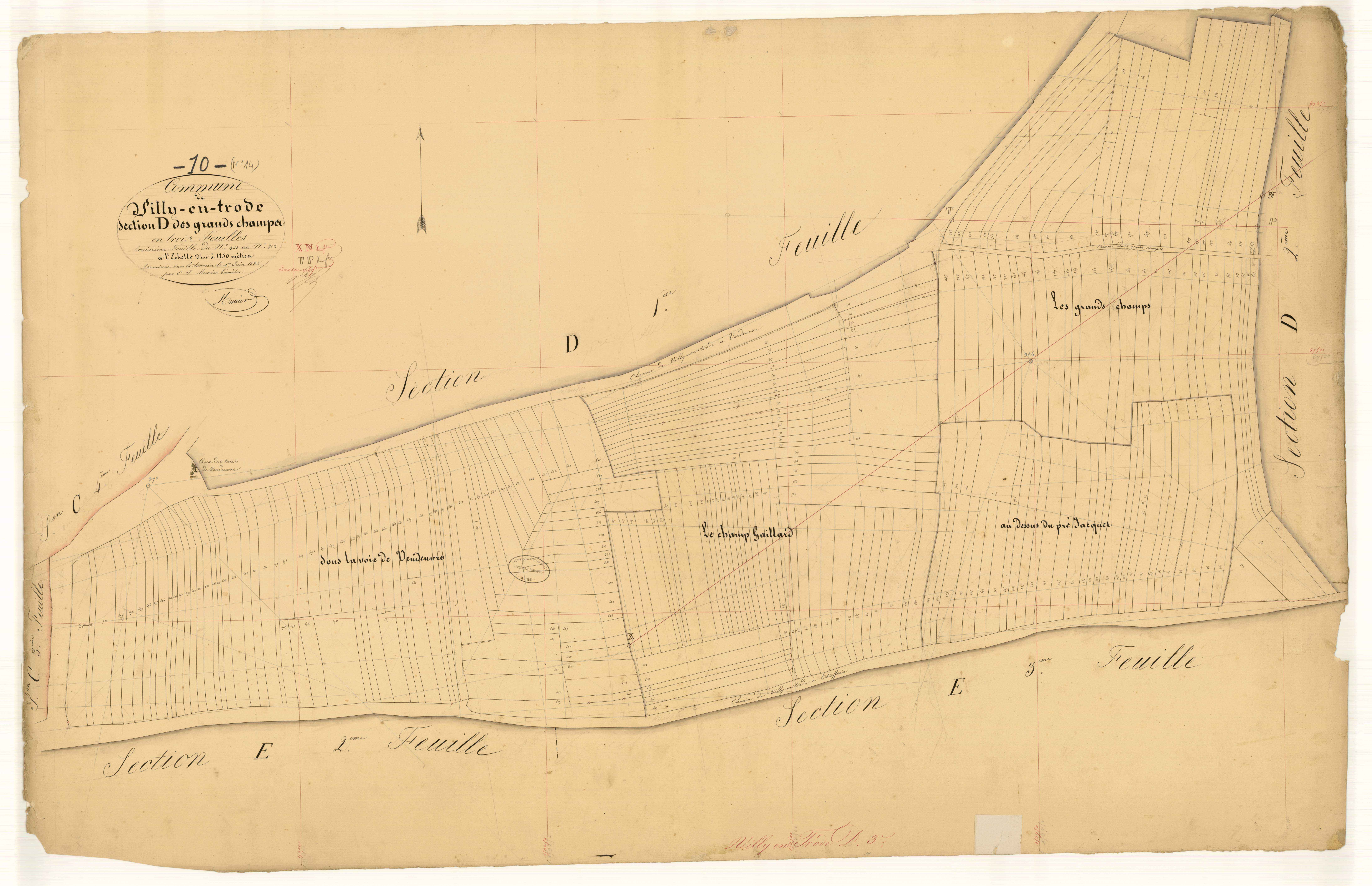 Villy-en-Trodes, section D dite des grands champs, feuille n°3, parcelles n° 457-702
