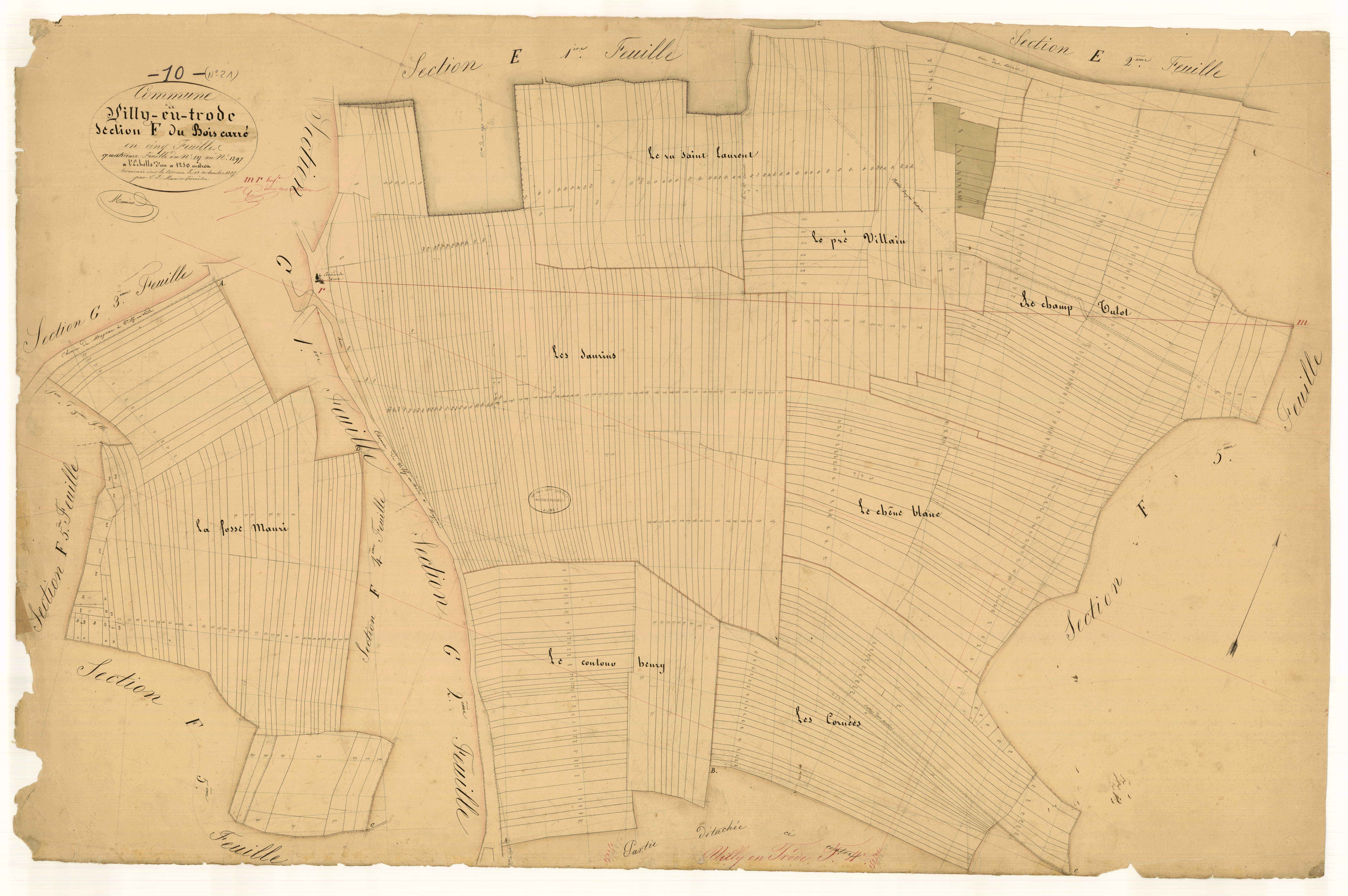 Villy-en-Trodes, section F dite de bois carré, feuille n°4, parcelles n° 827-1297