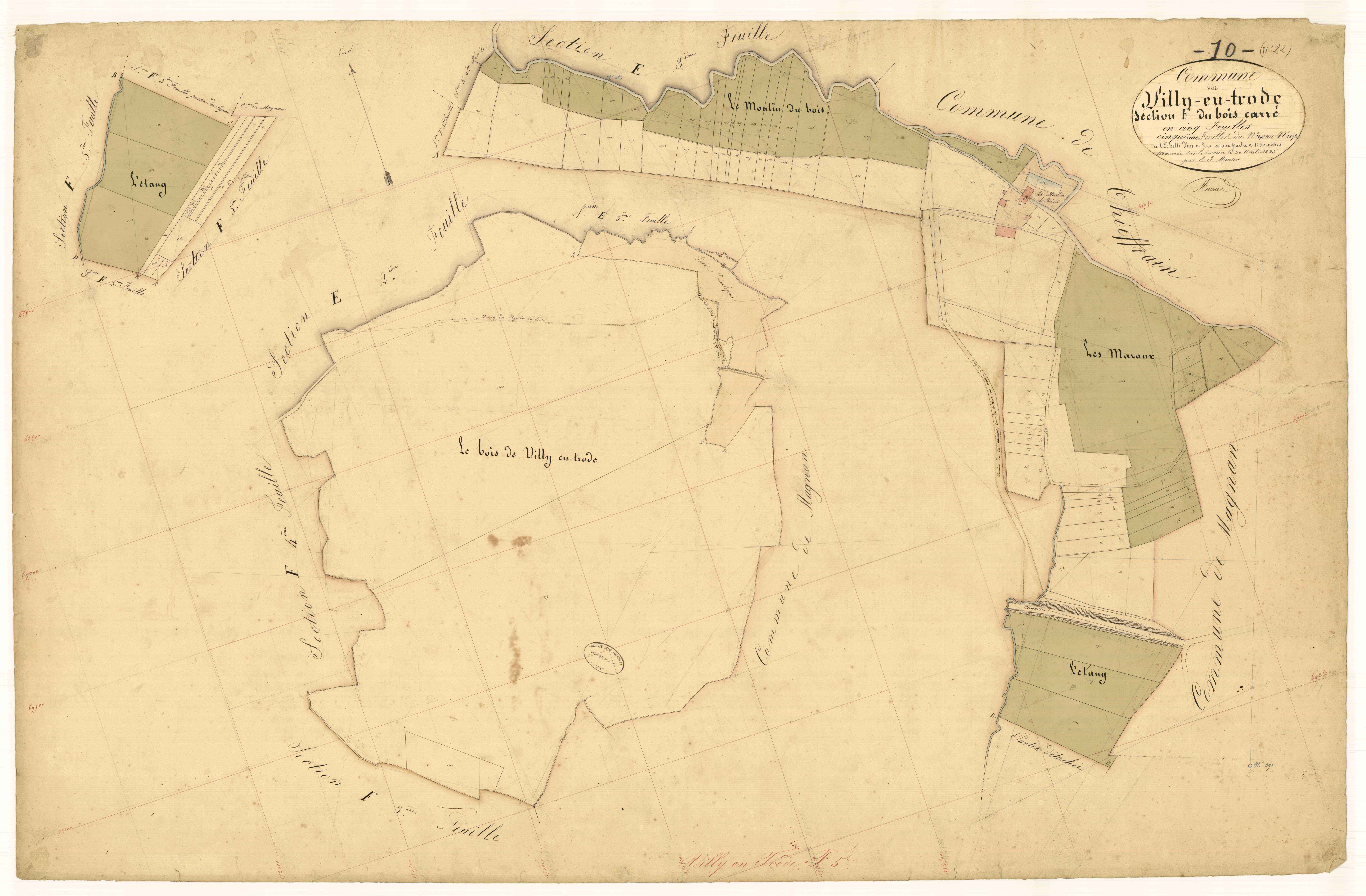 Villy-en-Trodes, section F dite de bois carré, feuille n°5, parcelles n° 1298-1392
