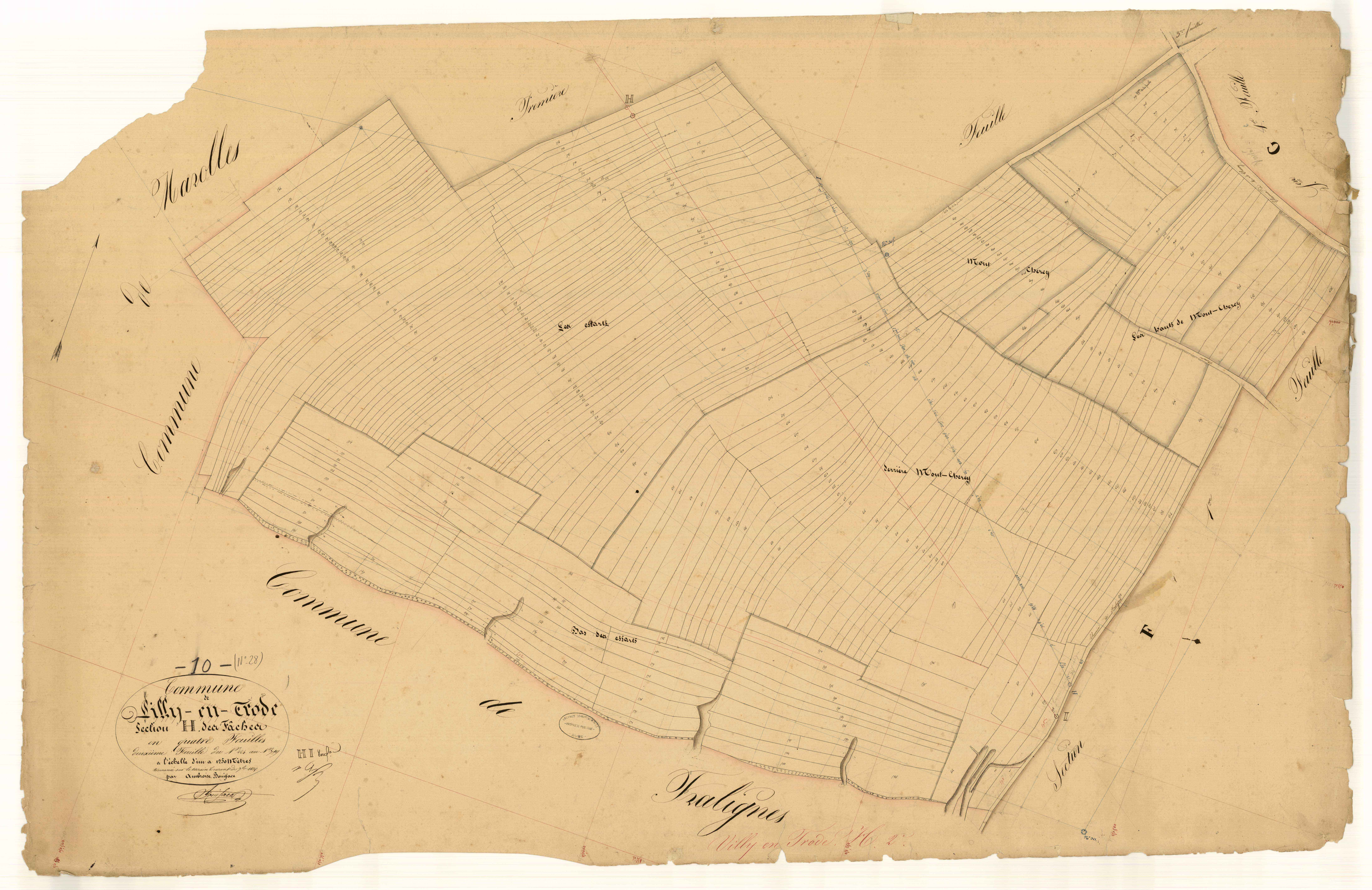 Villy-en-Trodes, section H dite des fâches, feuille n°2, parcelles n° 424-719