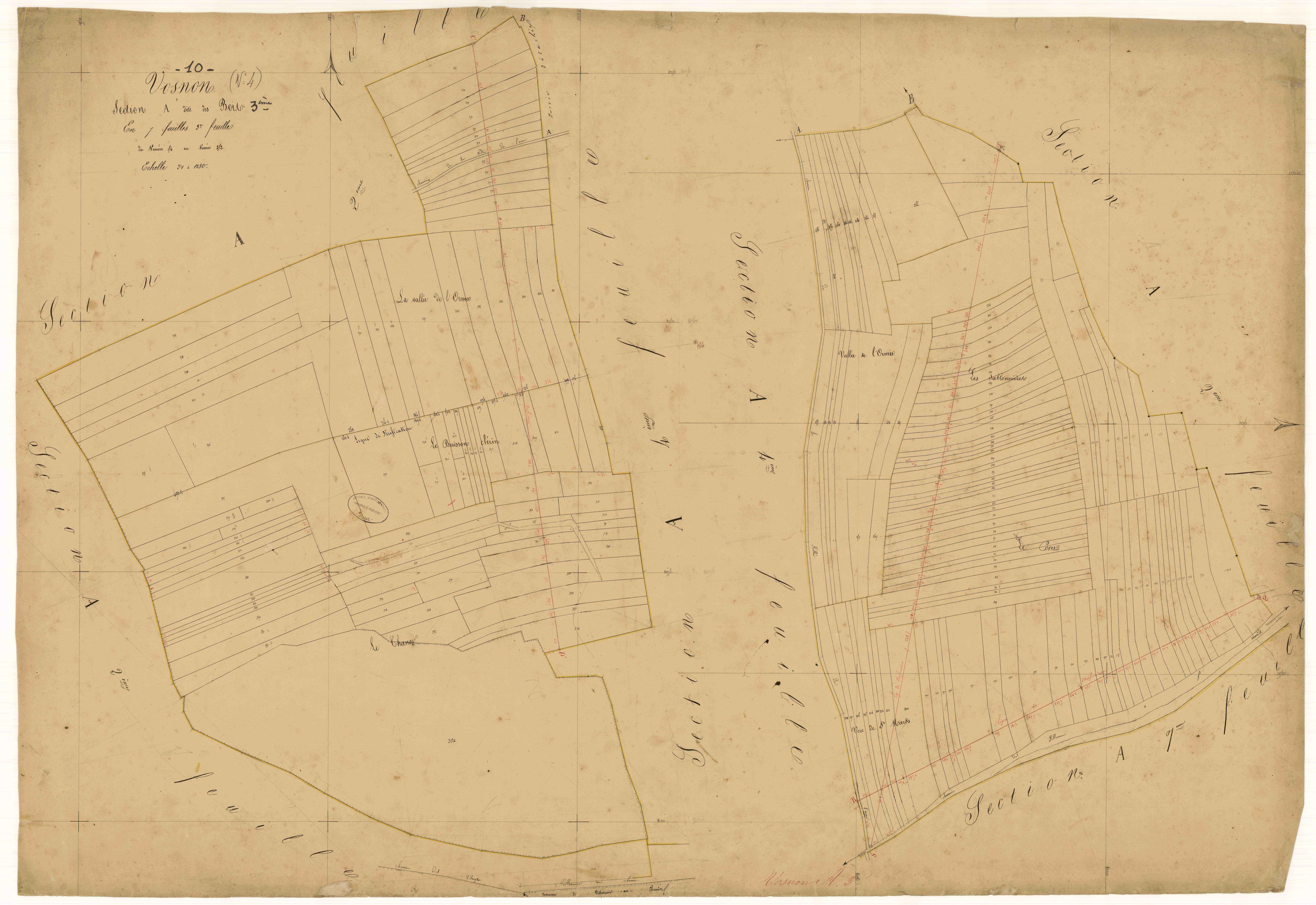 Vosnon, section A dite des bois, feuille n°3, parcelles n° 154-352