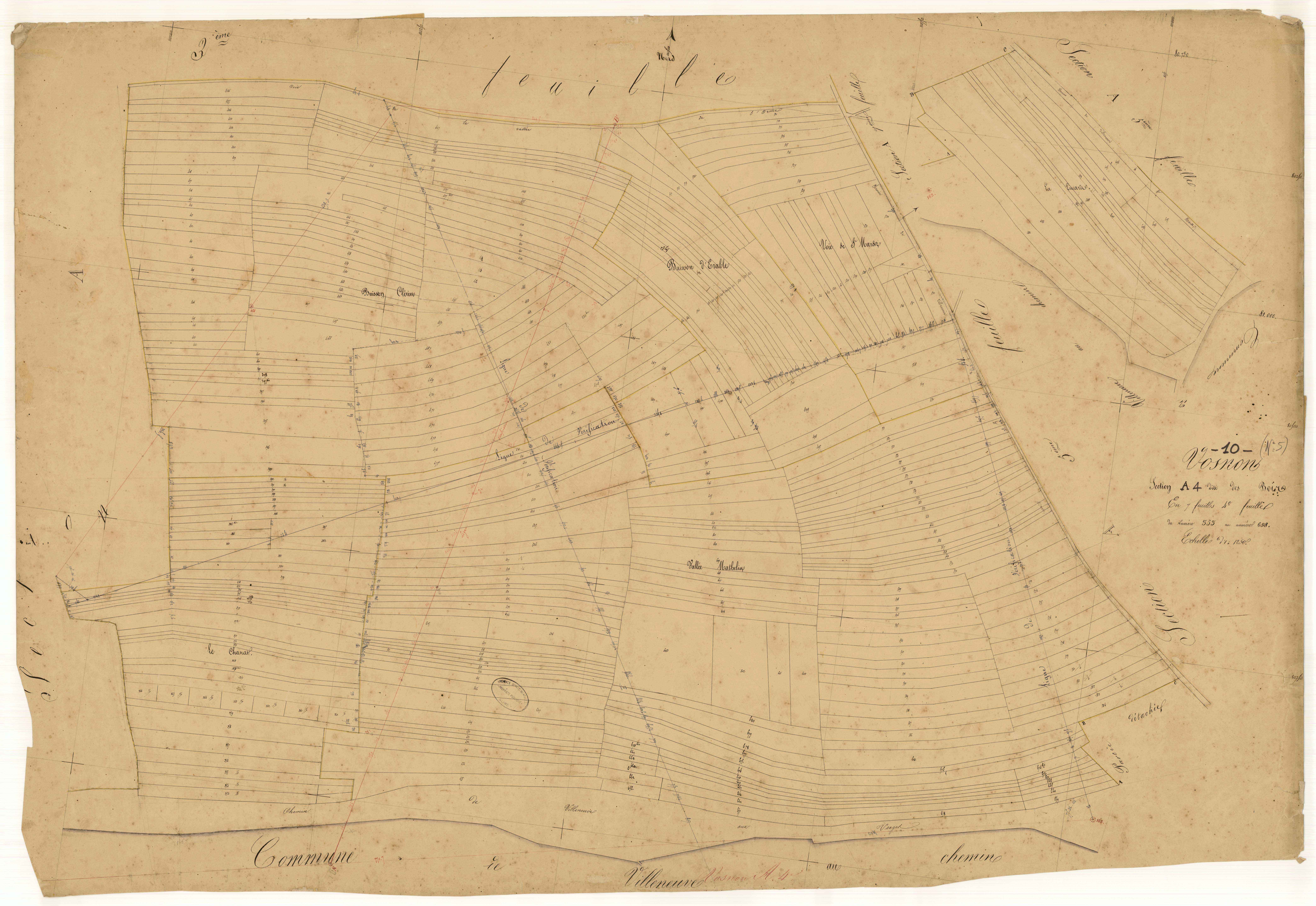 Vosnon, section A dite des bois, feuille n°4, parcelles n° 353-698