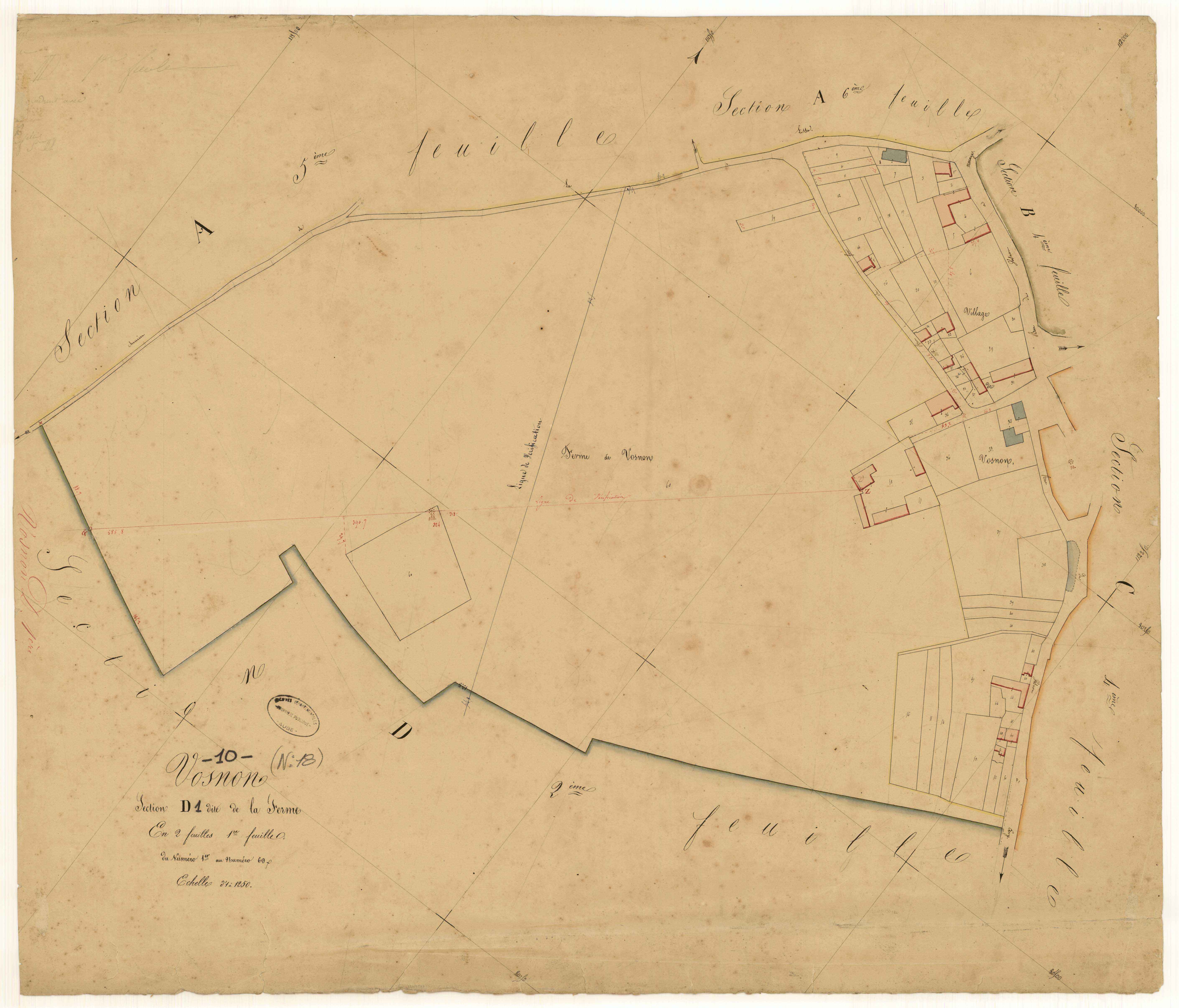 Vosnon, section D dite de la ferme, feuille n°1, parcelles n° 1-69
