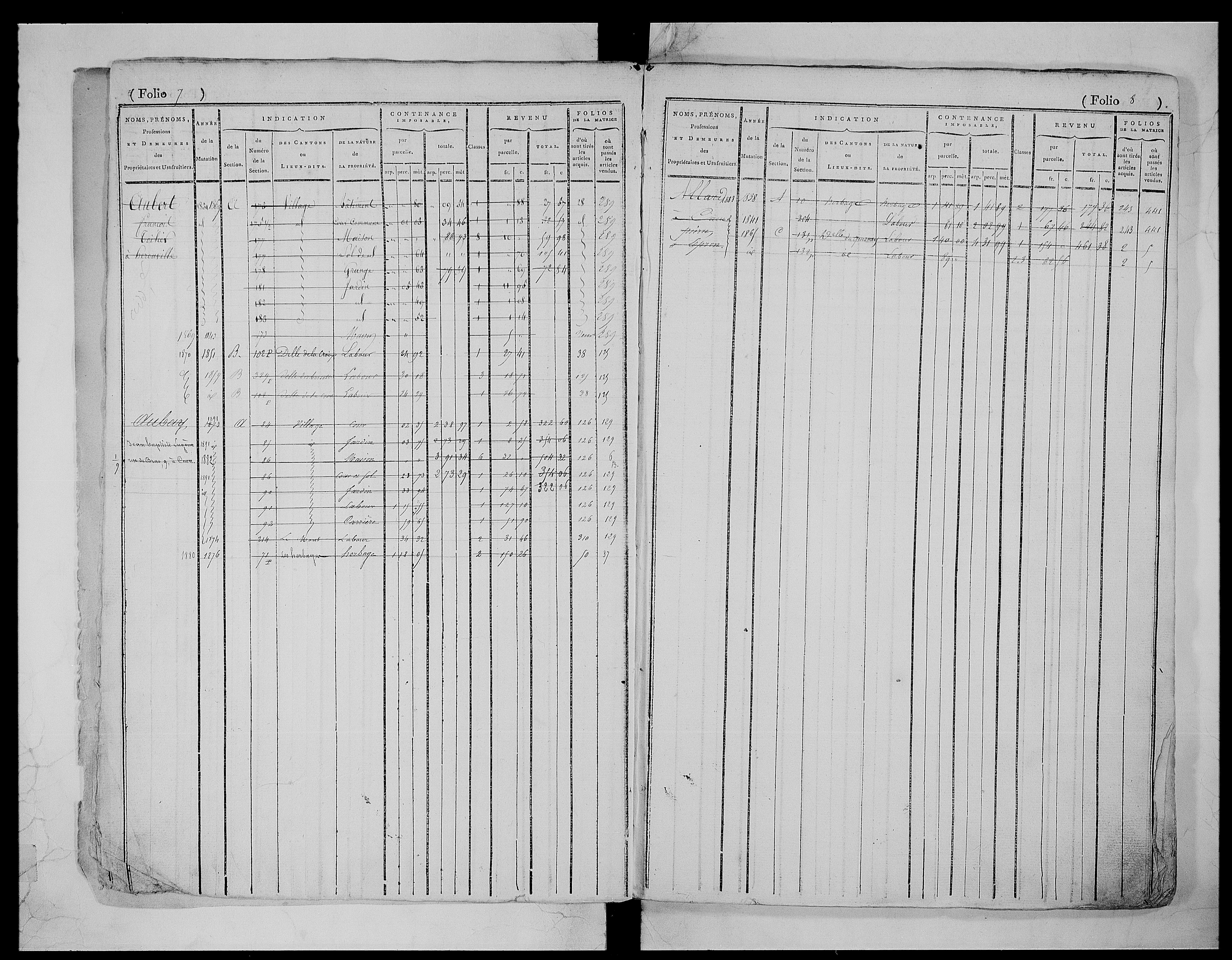matrice cadastrale des propriétés foncières (bâties et non bâties), 1823-1913, 1er vol. (folios 1-435)