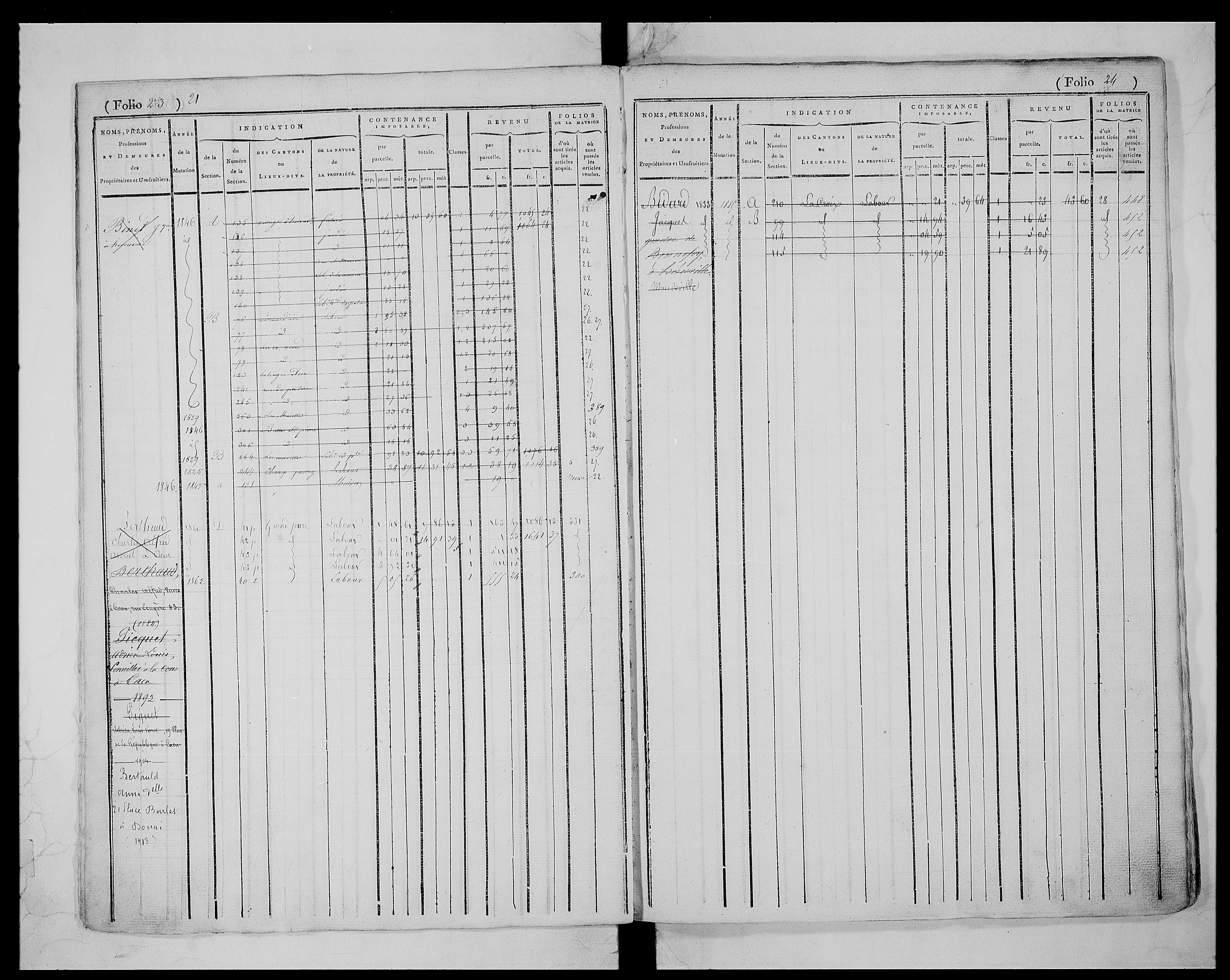 matrice cadastrale des propriétés foncières (bâties et non bâties), 1823-1913, 1er vol. (folios 1-435)