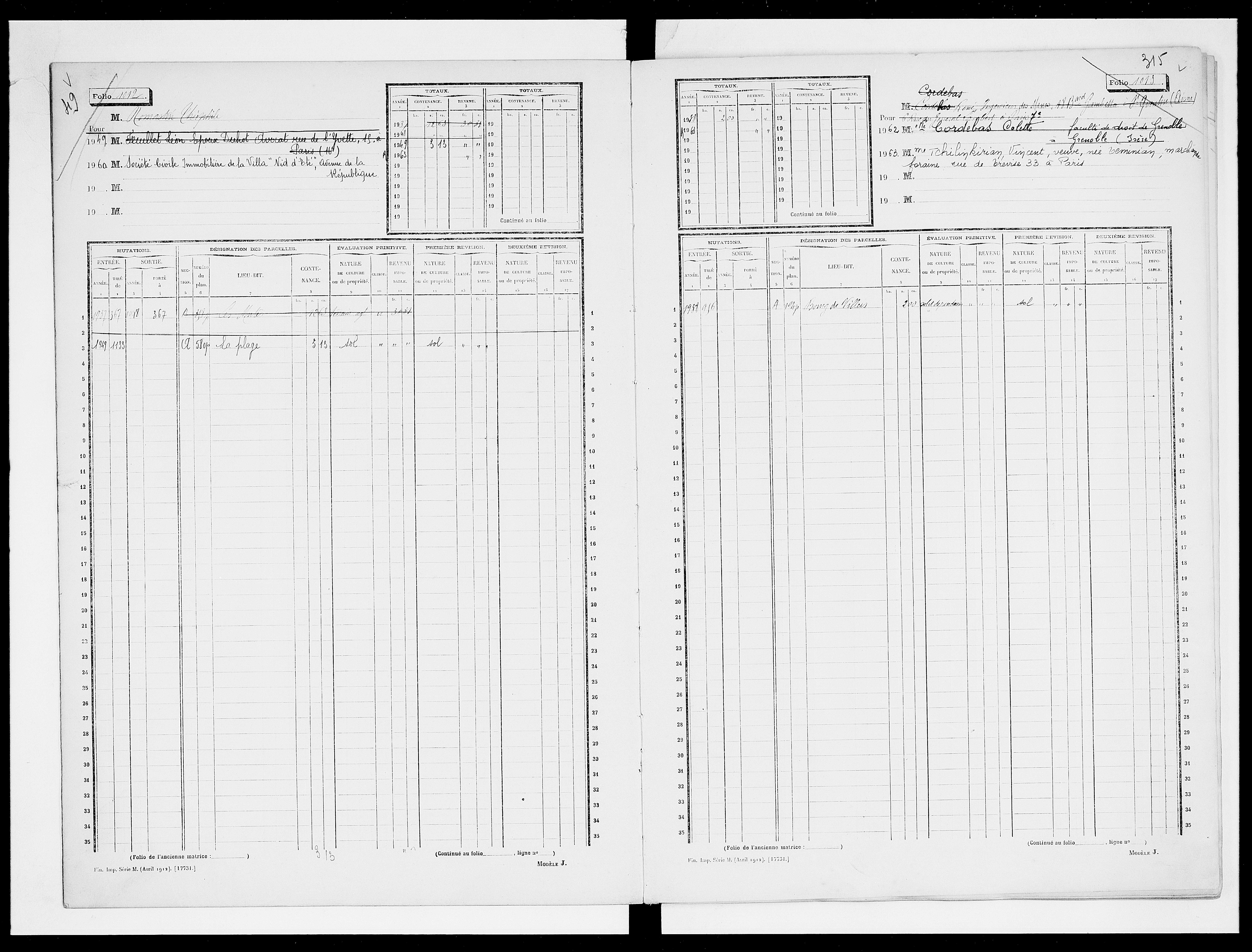 matrice cadastrale des propriétés non bâties, 1913-1963, 3e vol. (folios 999-1198)