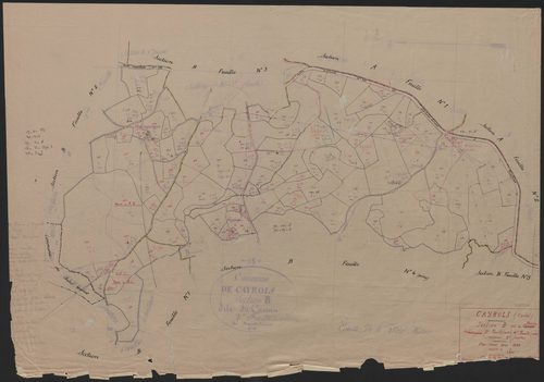 Section B dite du bourg : 2e feuille partie et 4e feuille partie (n° 114 à 119, 250 à 252, 264 à 294, 561 à 633, 635 à 642)