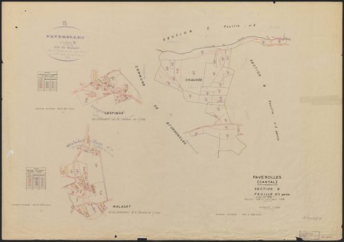 Section B : développement du hameau de Lespinas (n° 332 à 342), développement du hameau de Maladet (n° 447 à 478), 3e feuille partie (n° 242 à 268)