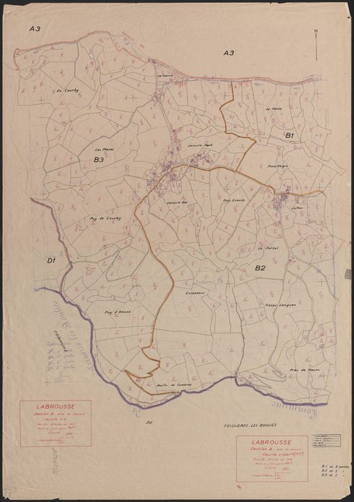 Section B dite de Lescure : 1ère feuille partie (n° 309 à 347), 2e feuille, 3e feuille partie (n° 544 à 733)