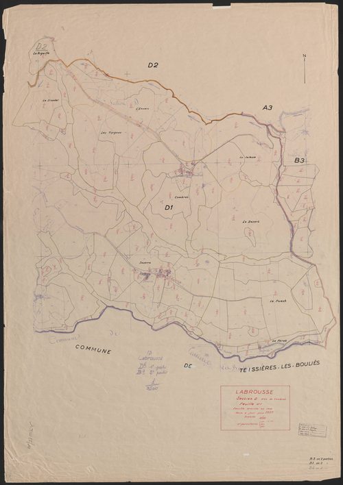 Section B dite de Lescure : 3e feuille partie (n° 544 à 553, 684 à 686), section D dite de Combret : 1ère feuille partie (n° 16 à 134) et 2e feuille partie (n° 389)