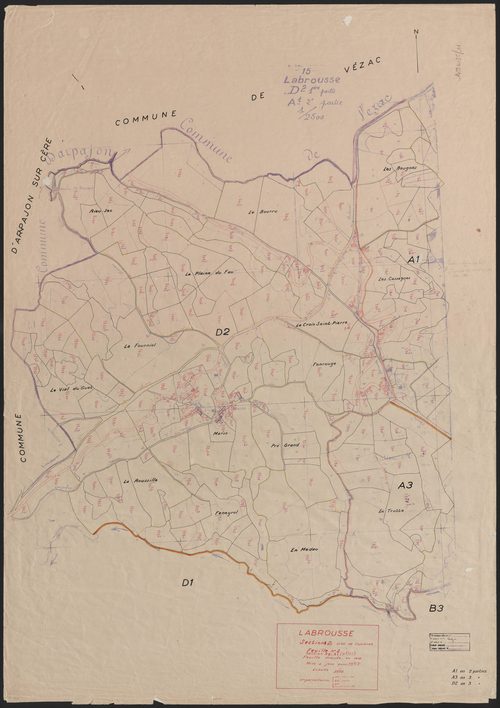 Section A : 1ère feuille partie (n° 1 à 10, 194 à 199, 239 à 259), 3e feuille partie (n° 491 à 515) ; section D dite de Combret : 2e feuille partie (n° 199 à 388, 393 à 418)